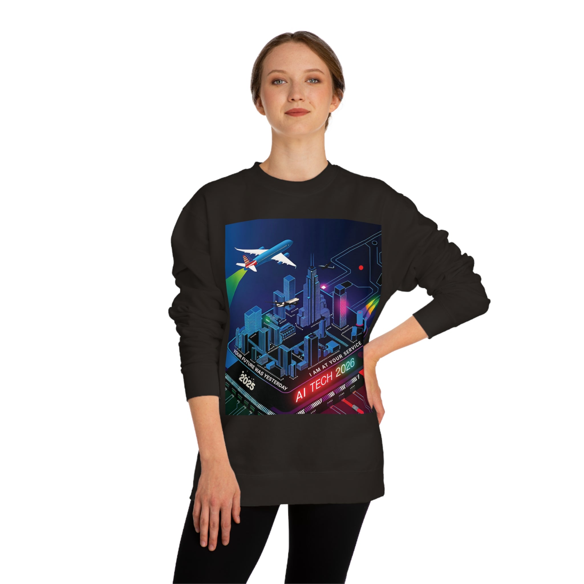 AI Tech 2026 Unisex Crew Neck Sweatshirt - Futuristic Cityscape Design for Tech Enthusiasts