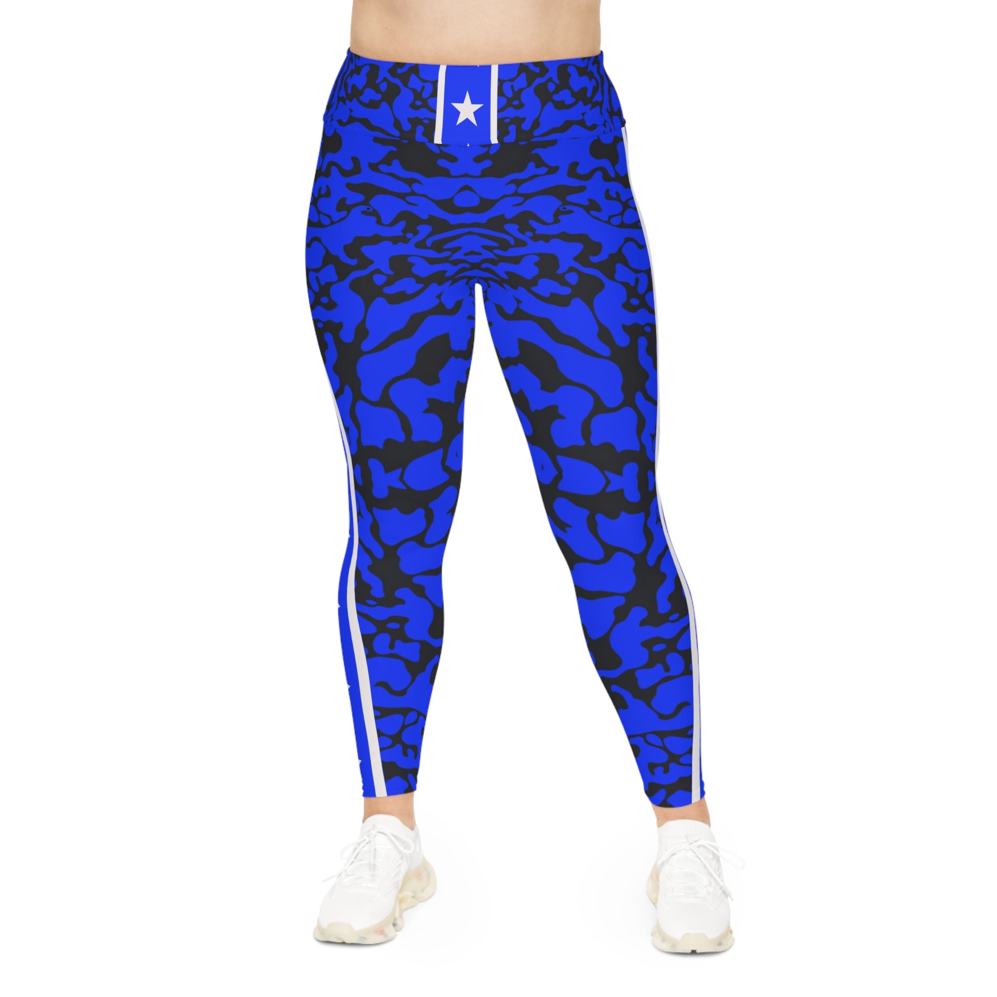 Woman Bold Blue Star Print Plus Size Leggings for Active Lifestyle