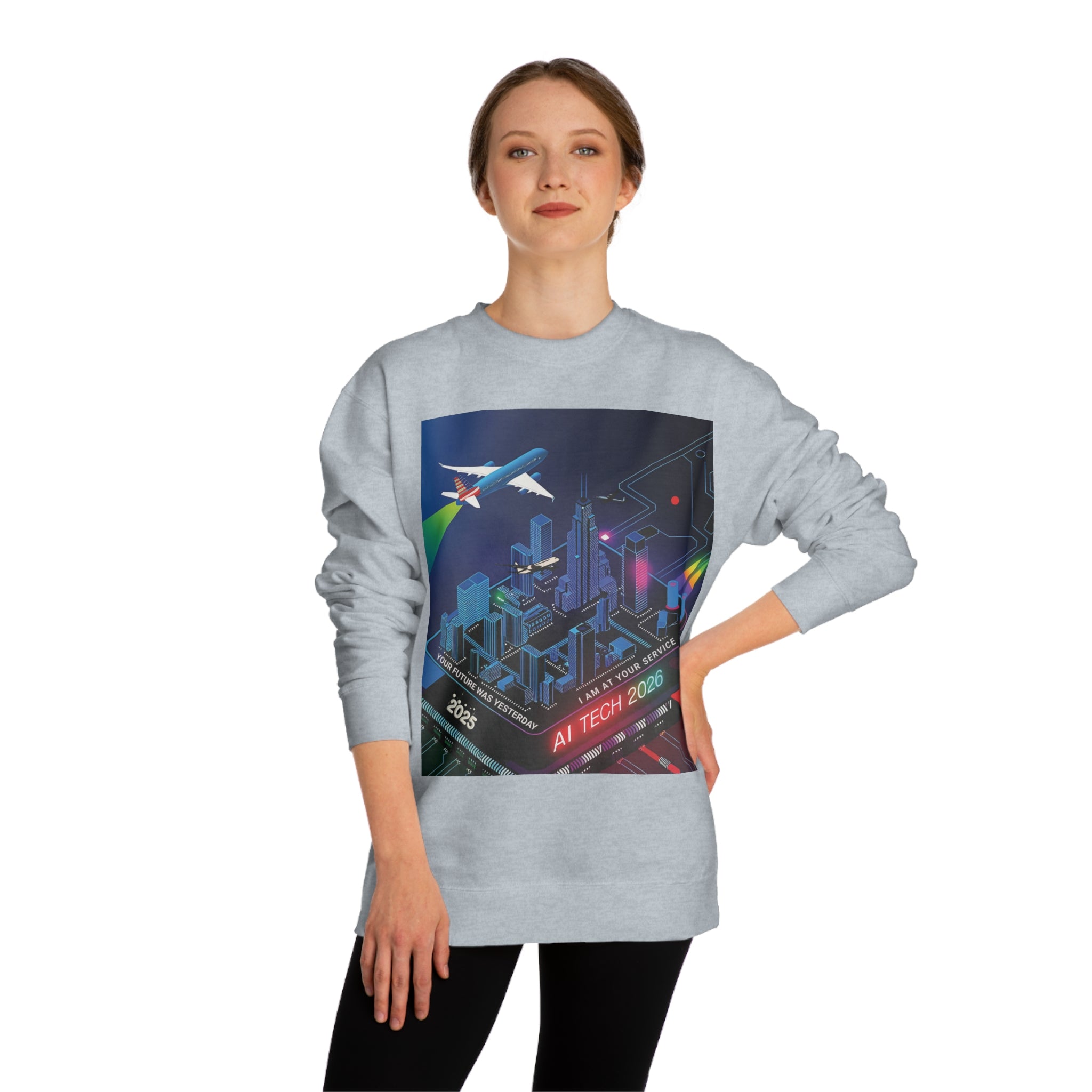 AI Tech 2026 Unisex Crew Neck Sweatshirt - Futuristic Cityscape Design for Tech Enthusiasts