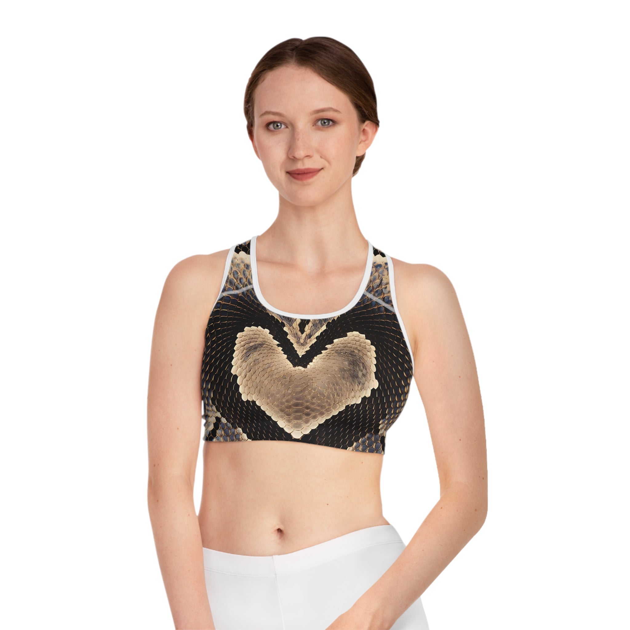 Heart Shaped Snake Print Sports Bra – Stylish Workout Gear for Fitness Enthusiasts