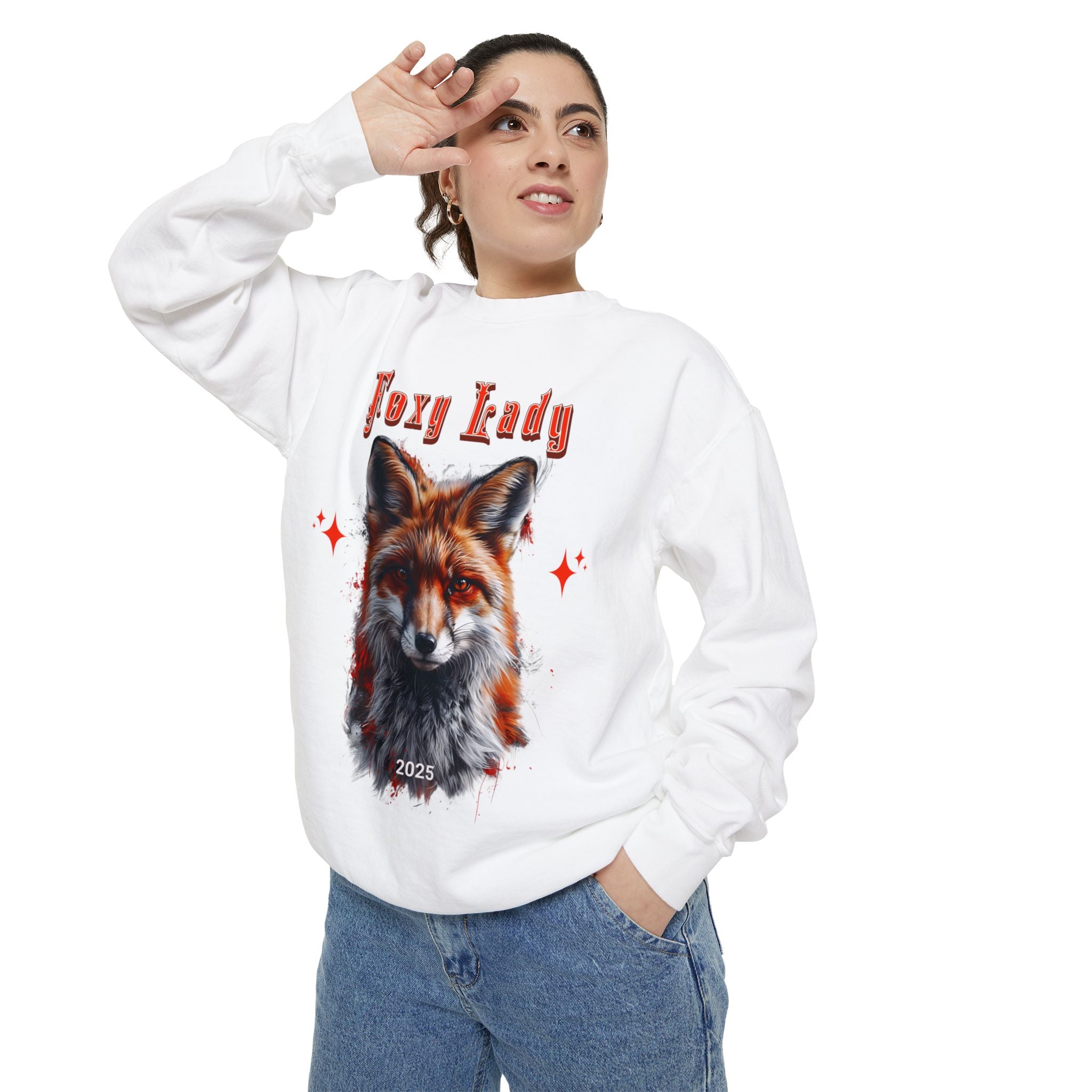 Unisex Garment - Dyed Sweatshirt: Wildlife Red Fox - with the words Foxy Lady - Angel Body