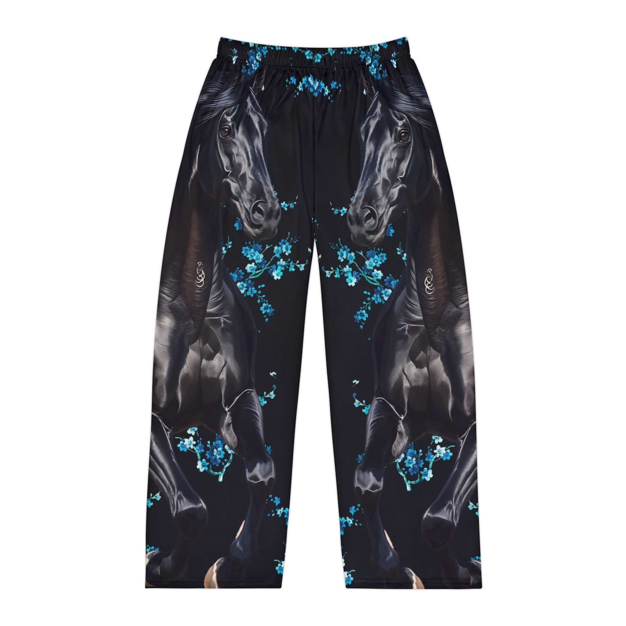 Men's Pajama Pants with Elegant Black Lipizzaner Stallion and Floral Design