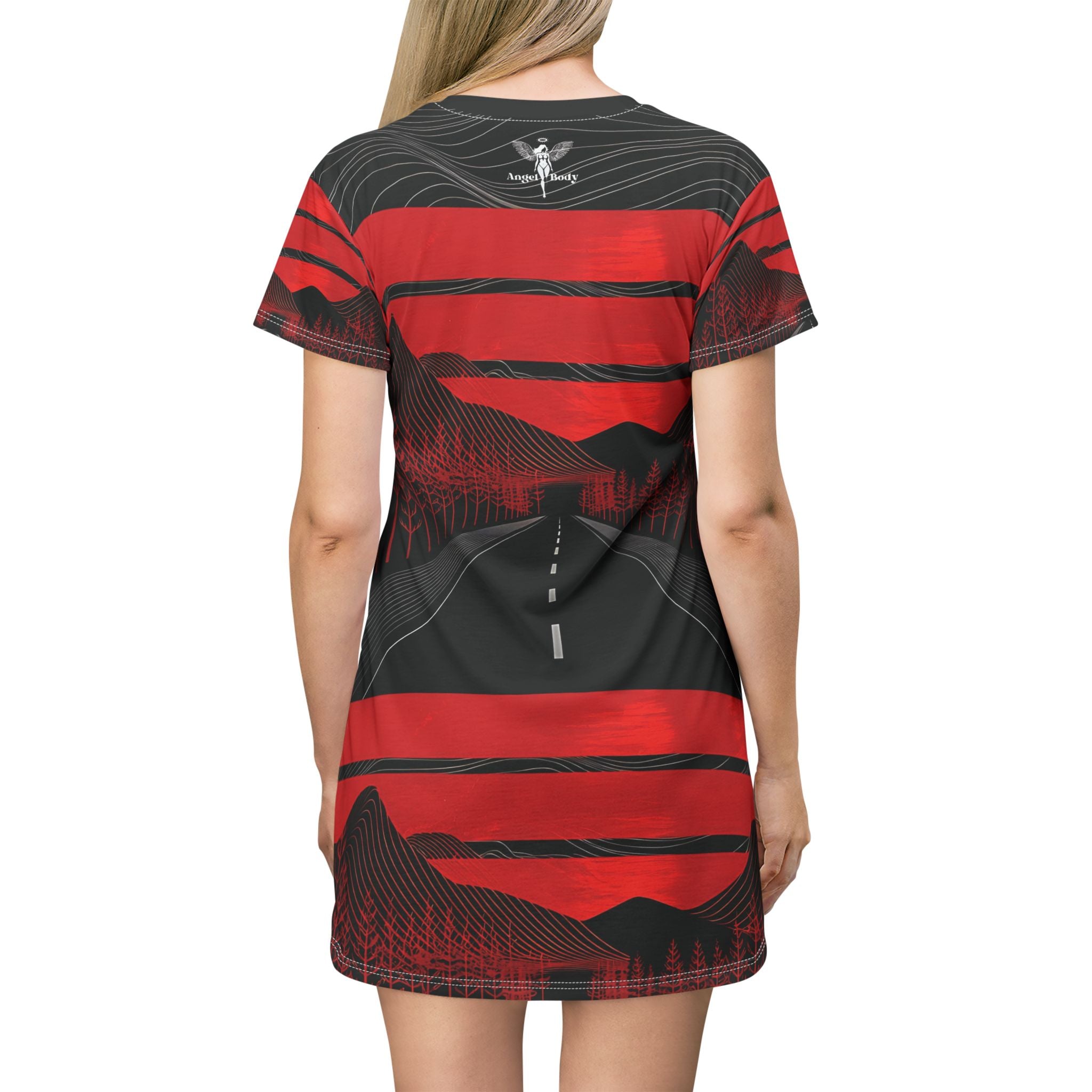 Scenic Adventure T-Shirt Dress - Bold Red Stripes & Mountain Road Design