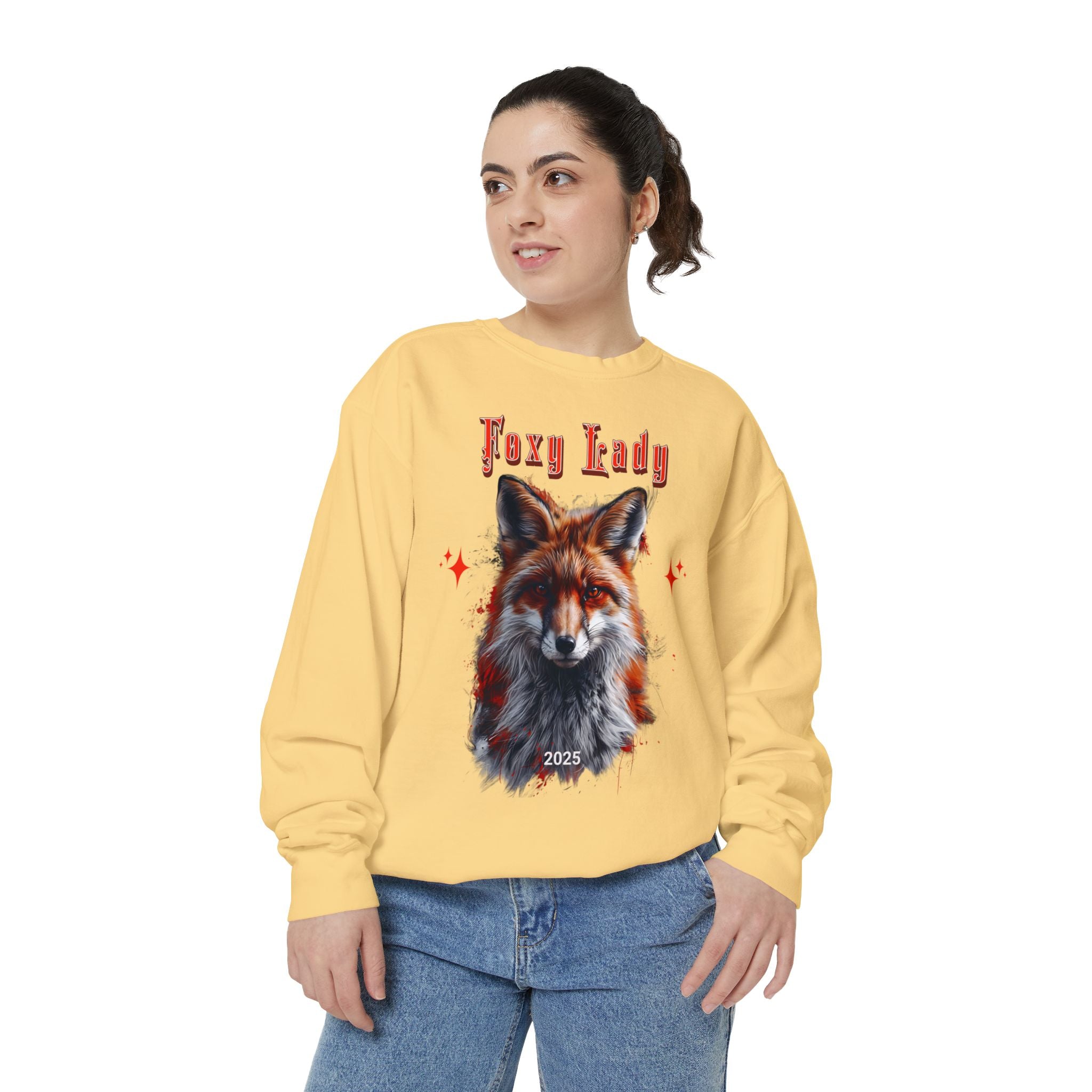 Unisex Garment - Dyed Sweatshirt: Wildlife Red Fox - with the words Foxy Lady - Angel Body