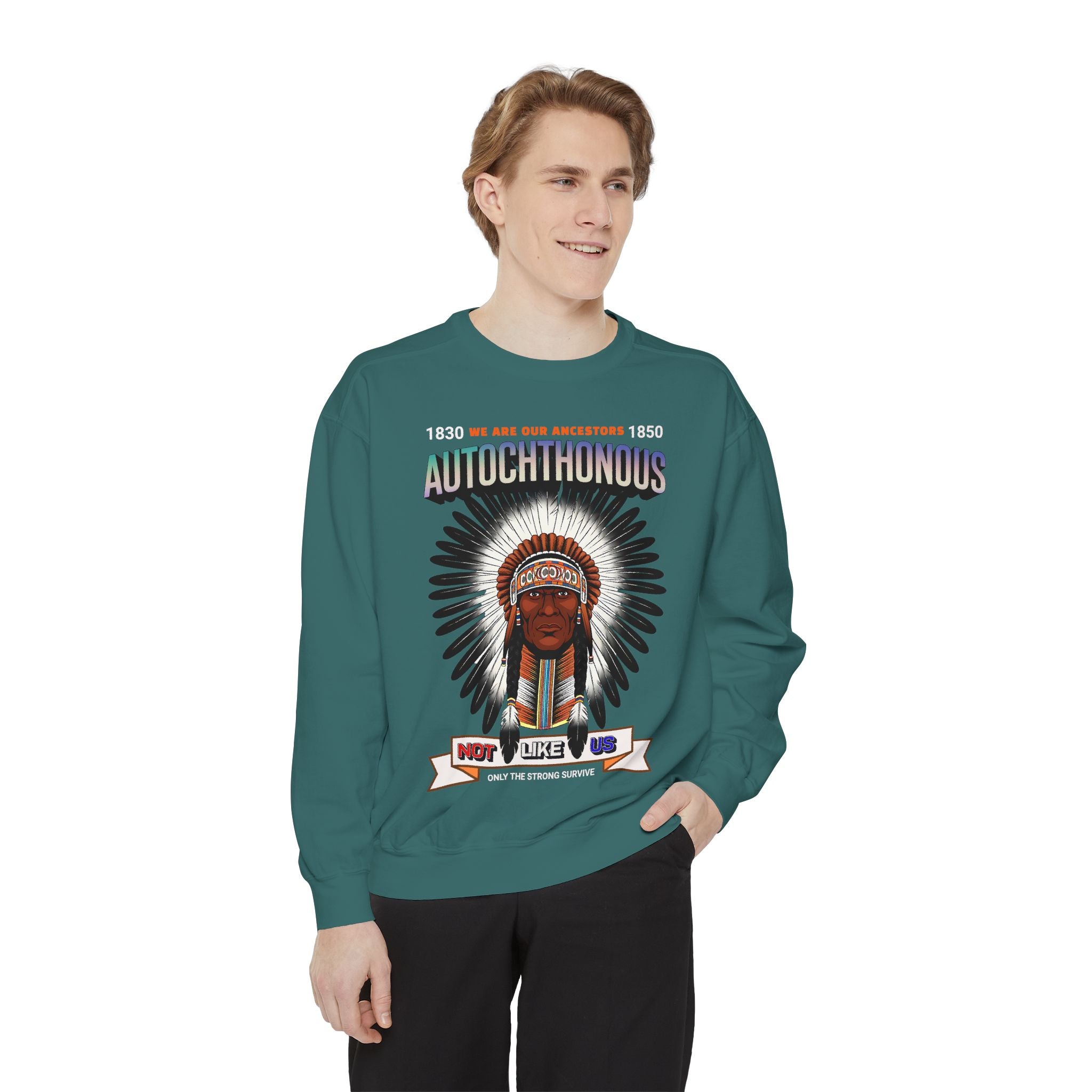 Autochthonous Heritage Sweatshirt - Unisex Garment-Dyed Hoodie with Indigenous Design