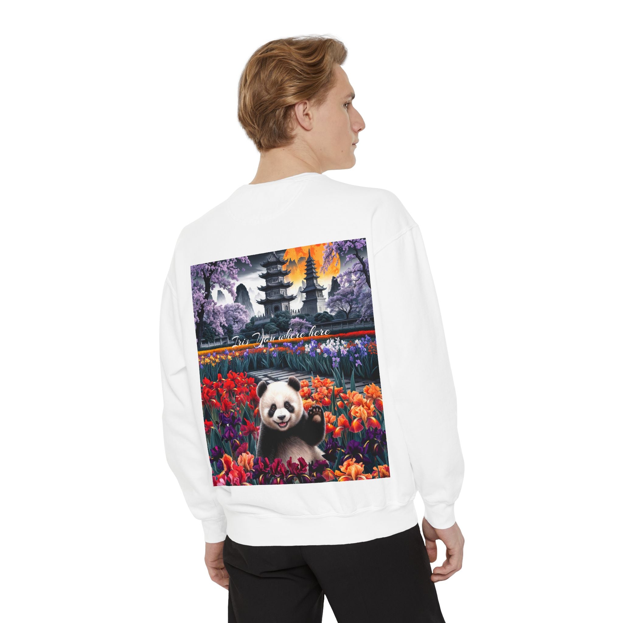 Whimsical Panda Sweatshirt - Cozy Unisex Garment-Dyed Pullover with Floral Design