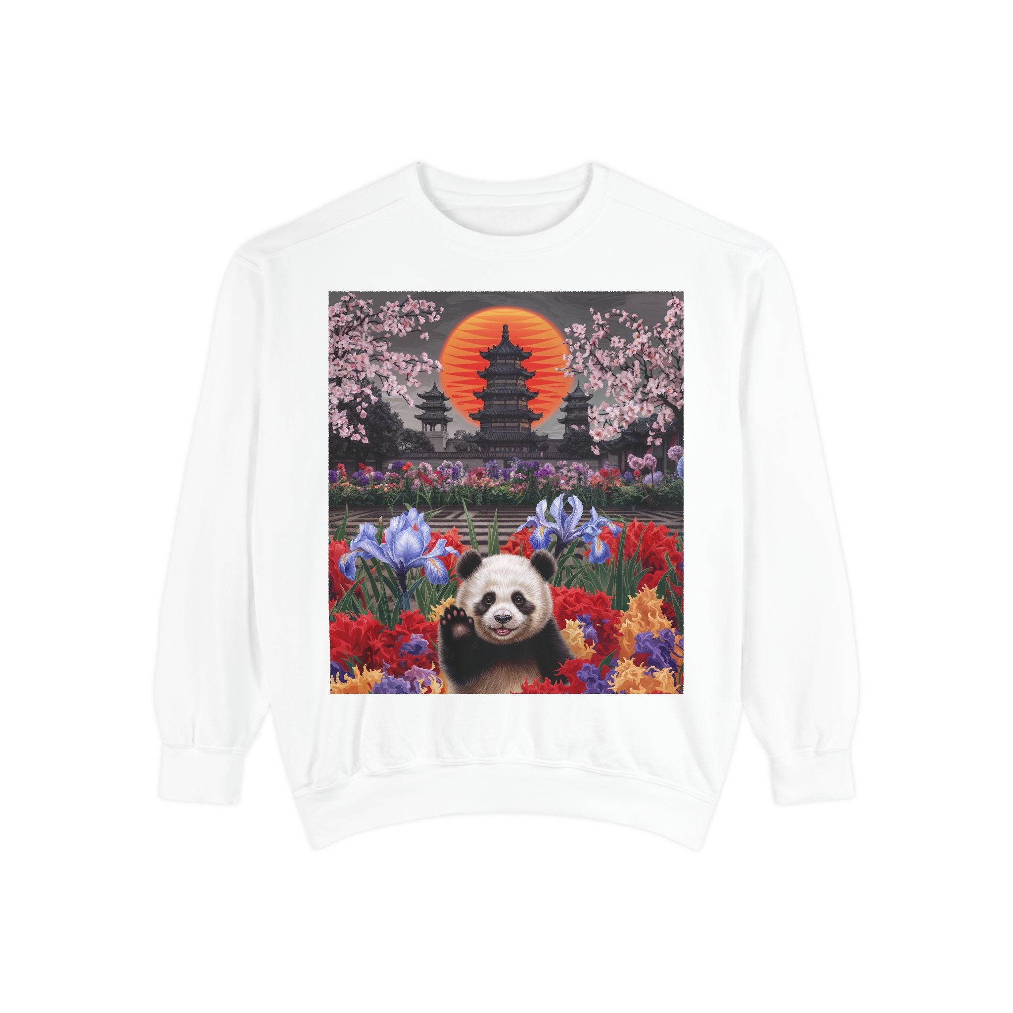 Cozy Panda Garden Sweatshirt - Unisex Garment-Dyed Apparel