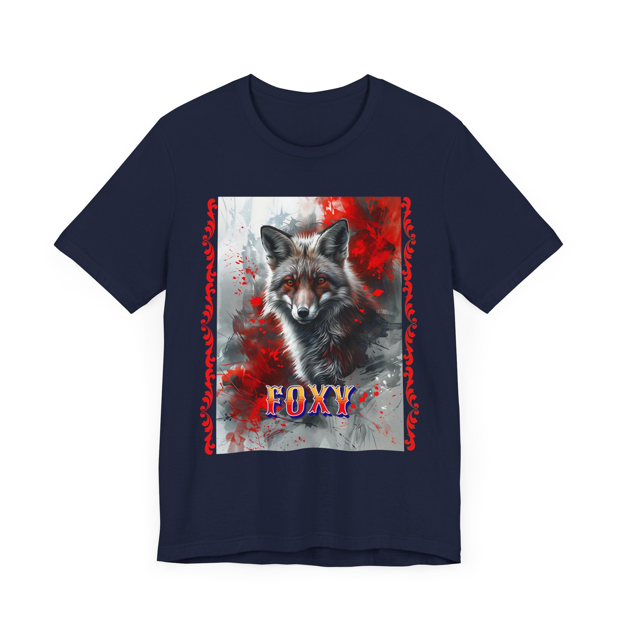 Unisex Jersey Short Sleeve Tee: A lovely painting design of a Red Fox with the word FOXY