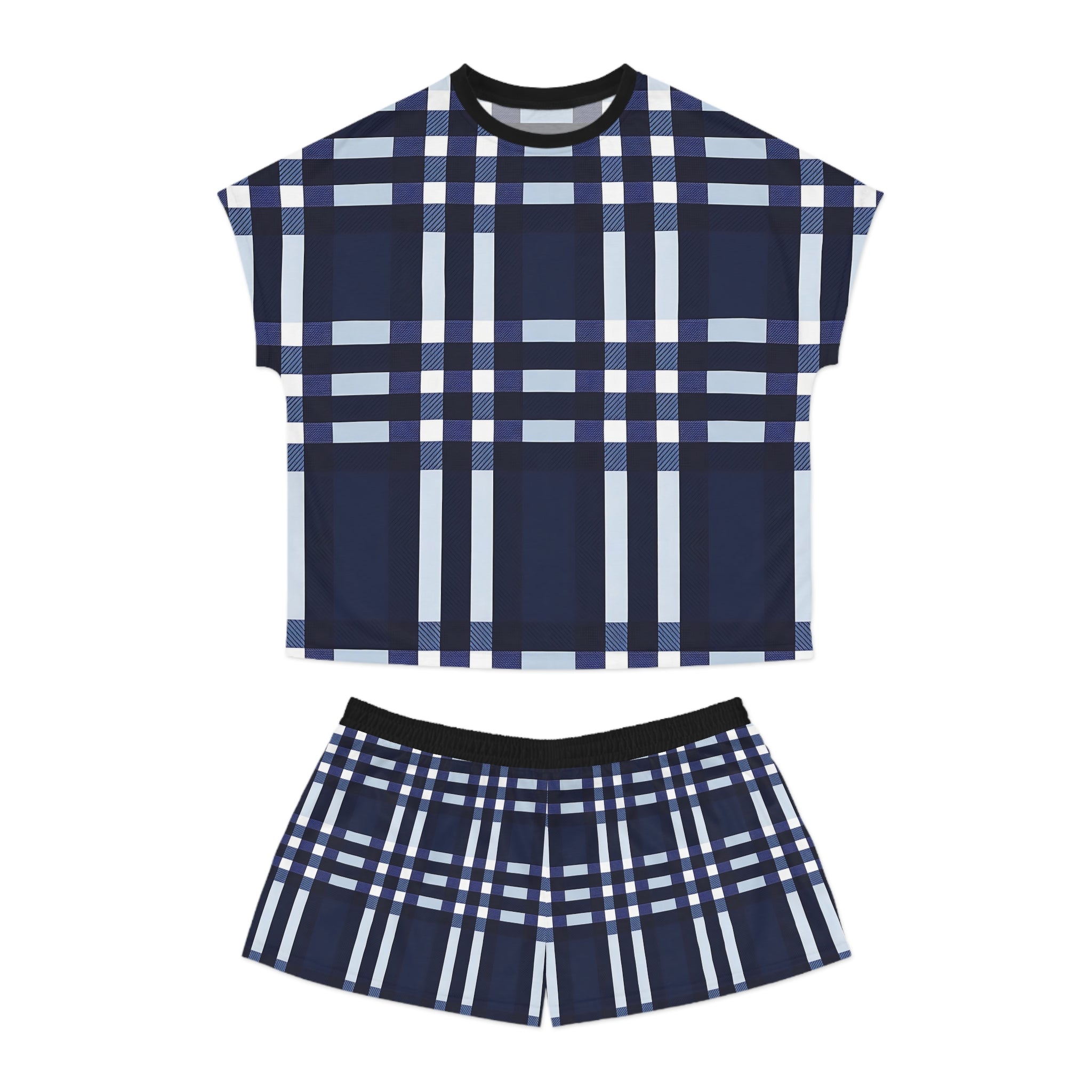 Cozy Women's Short Pajama Set - Navy Blue Plaid for Relaxing Nights