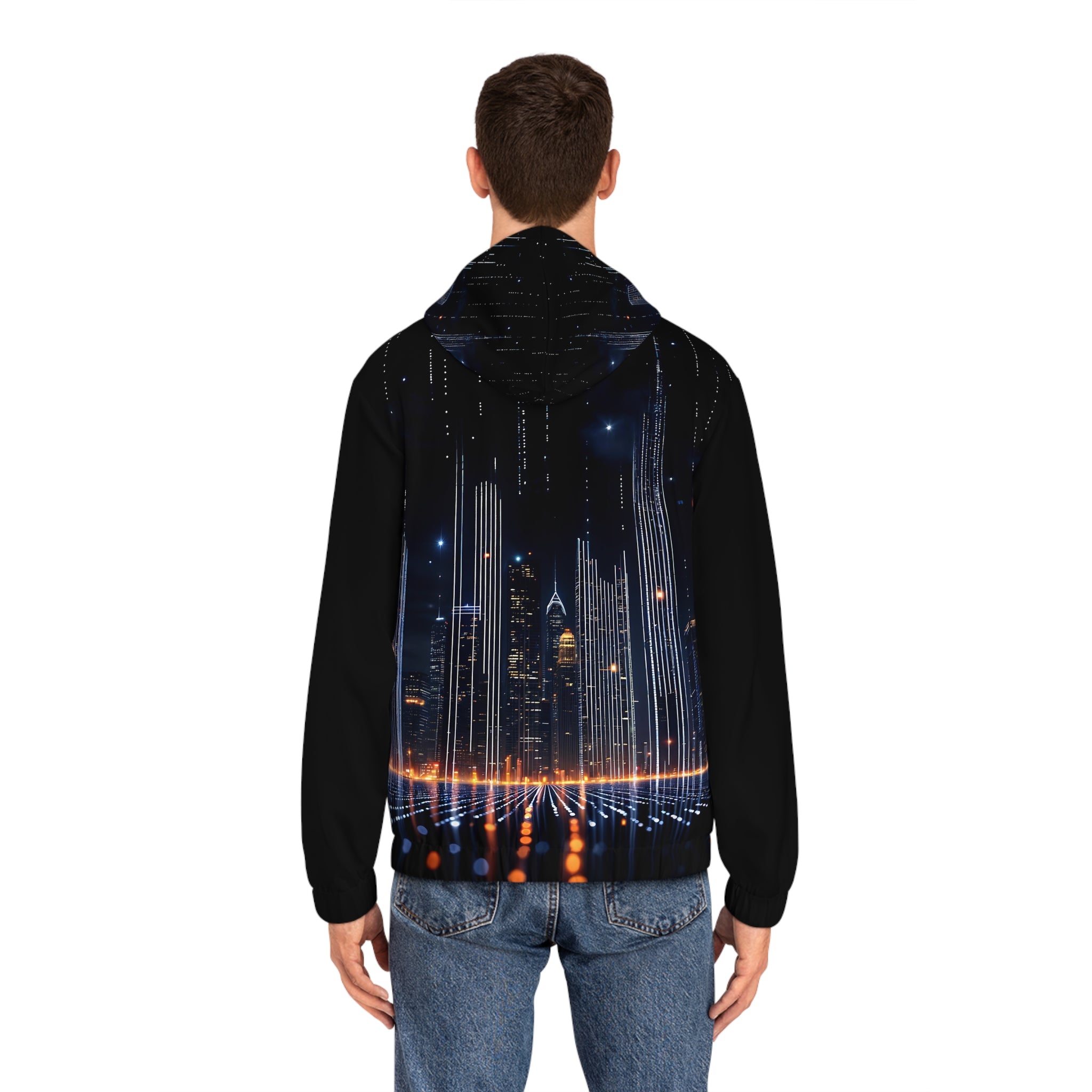 Men's Full-Zip Hoodie - Urban Nightscape Design for Comfort and Style