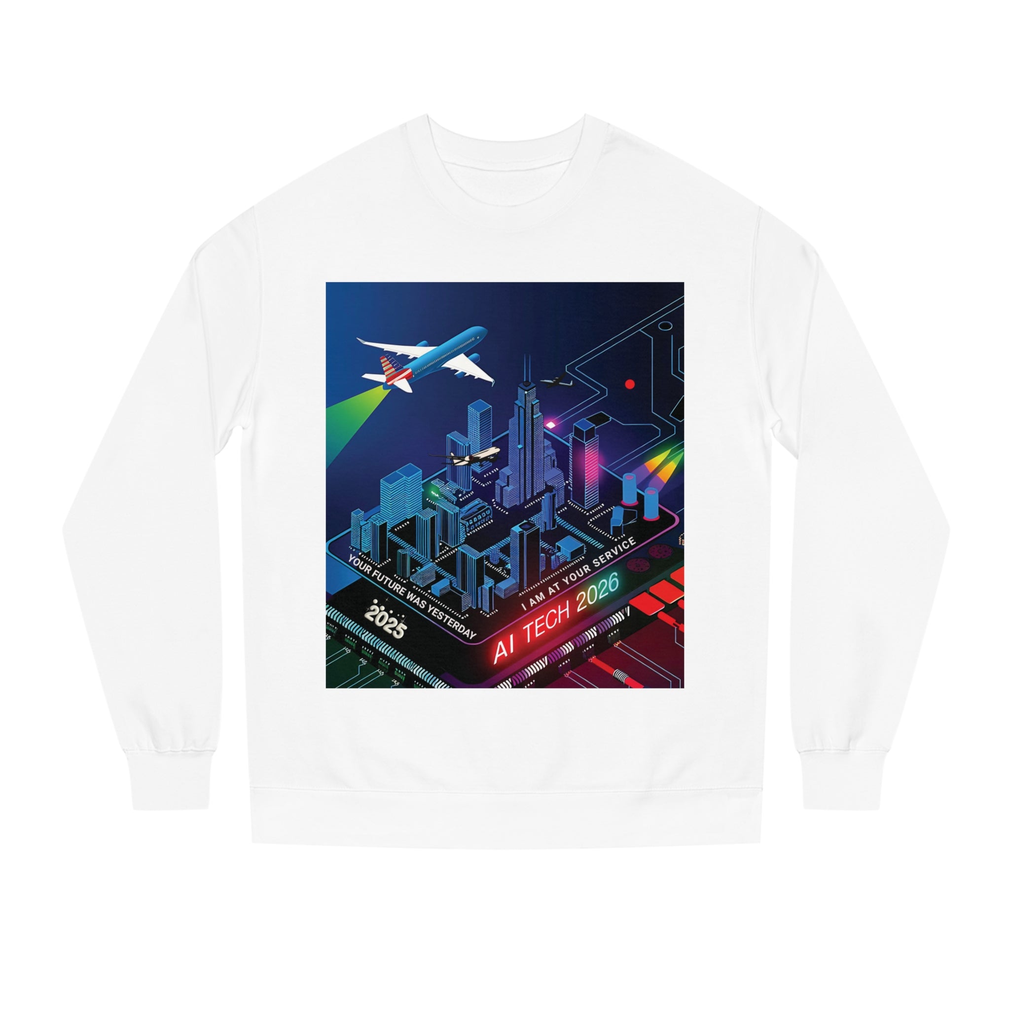 AI Tech 2026 Unisex Crew Neck Sweatshirt - Futuristic Cityscape Design for Tech Enthusiasts