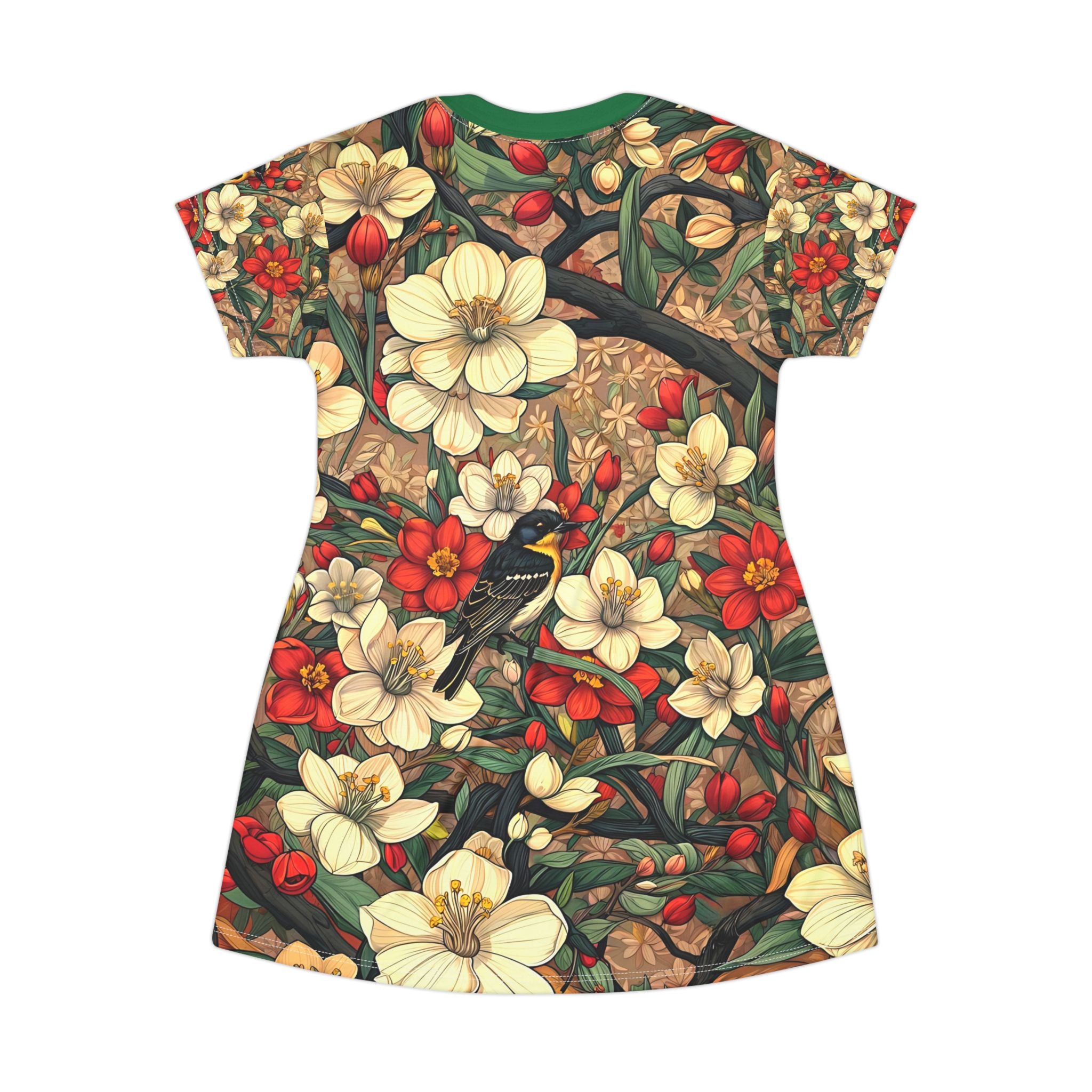 Boho Floral T-Shirt Dress with Bird Design