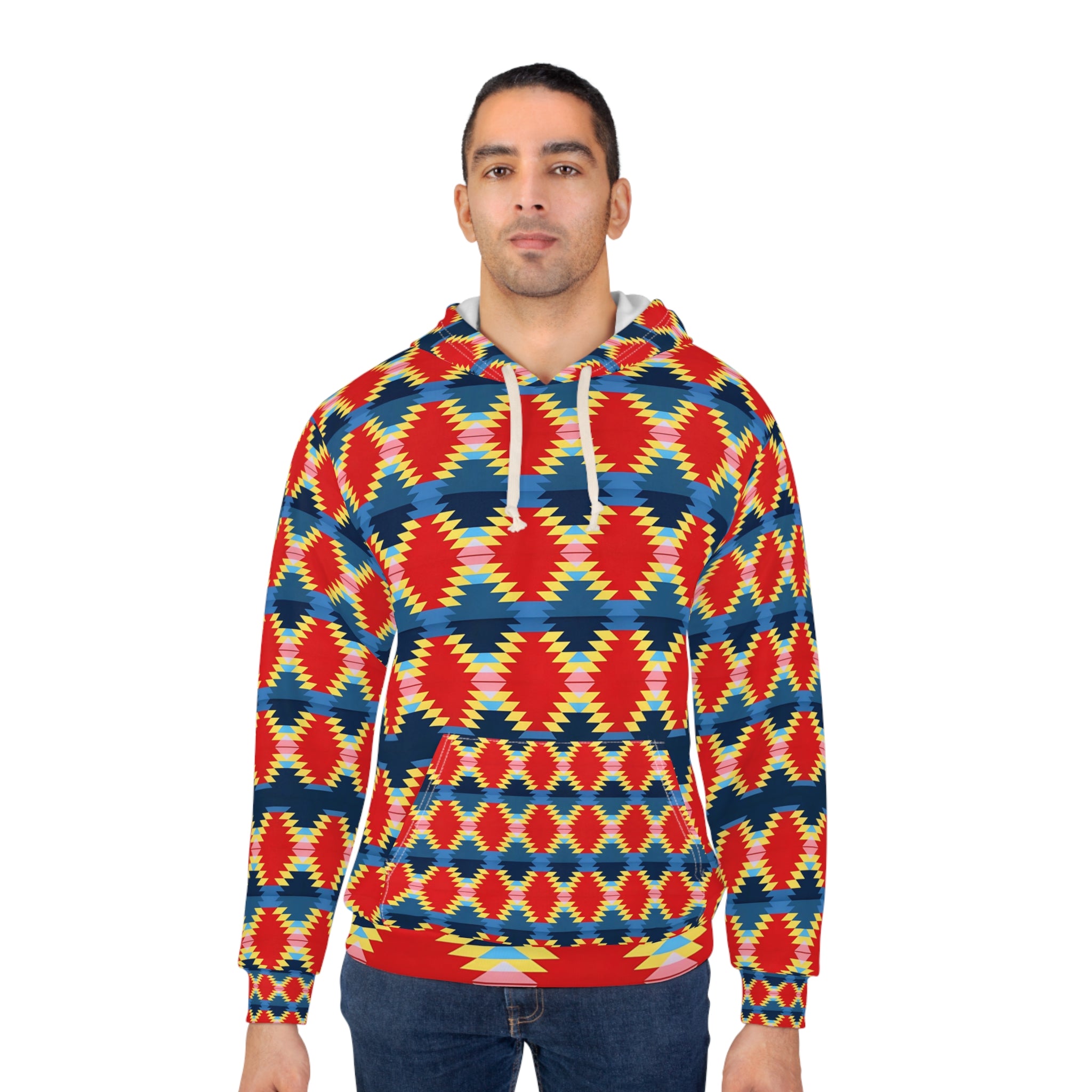 Vibrant Geometric Unisex Pullover Hoodie - Colorful Native Patterned Sweatshirt for Cozy Style