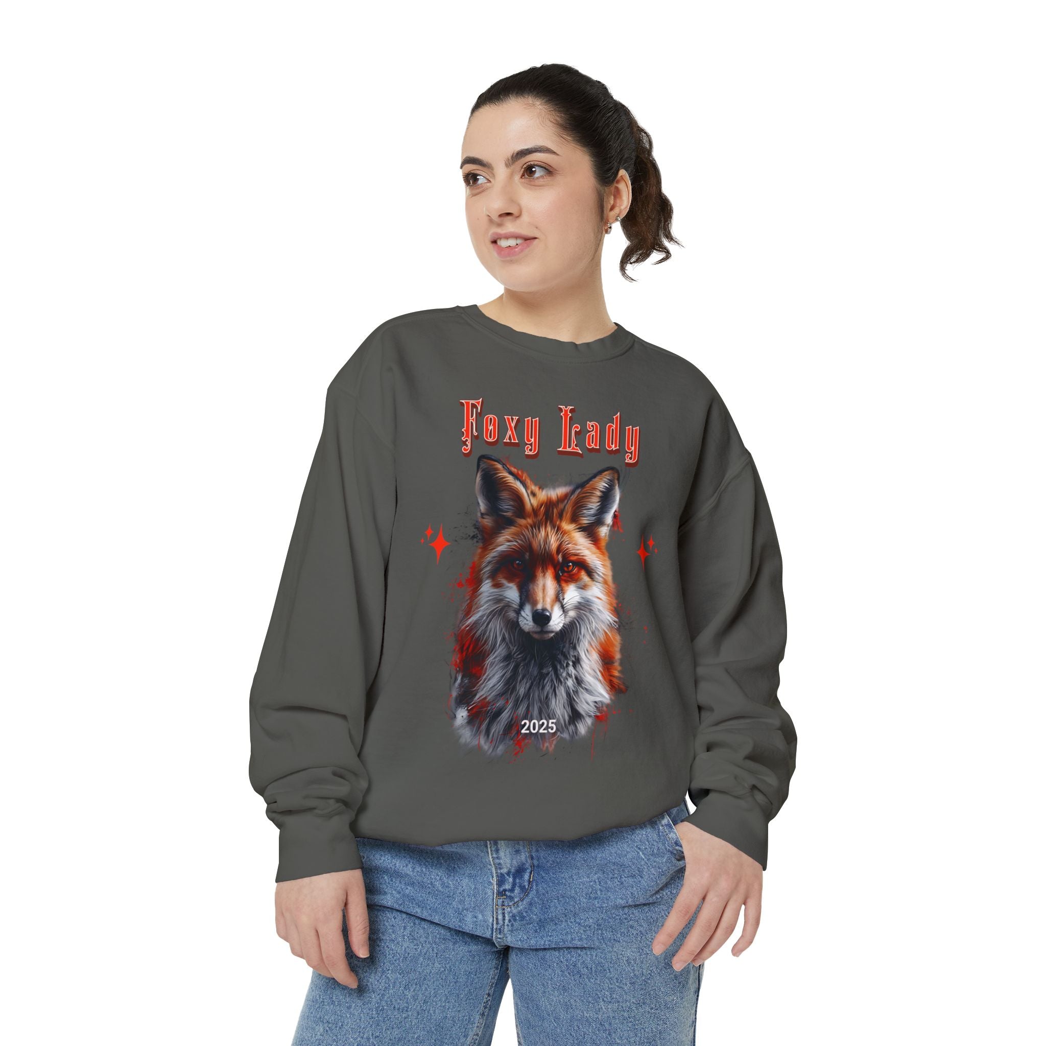 Unisex Garment - Dyed Sweatshirt: Wildlife Red Fox - with the words Foxy Lady - Angel Body