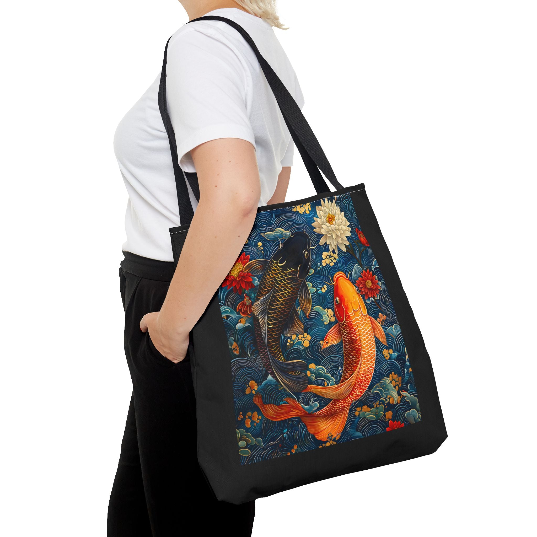 Elegant Koi Fish Tote Bag - Bright Blue Floral Design