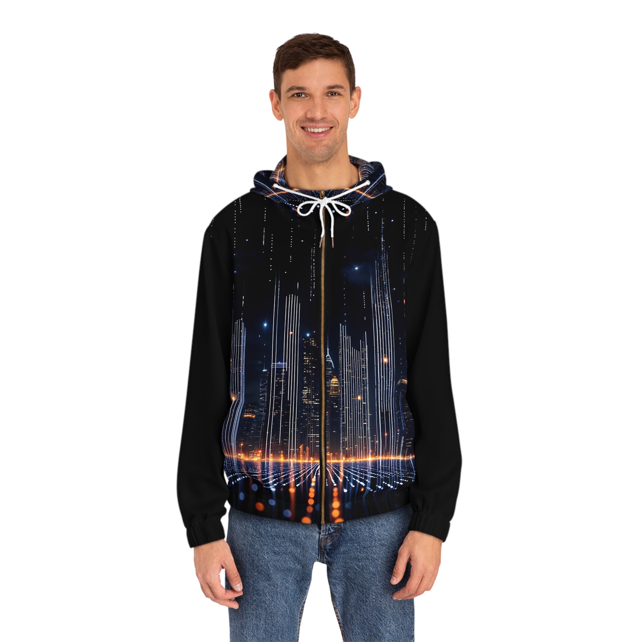 Men's Full-Zip Hoodie - Urban Nightscape Design for Comfort and Style