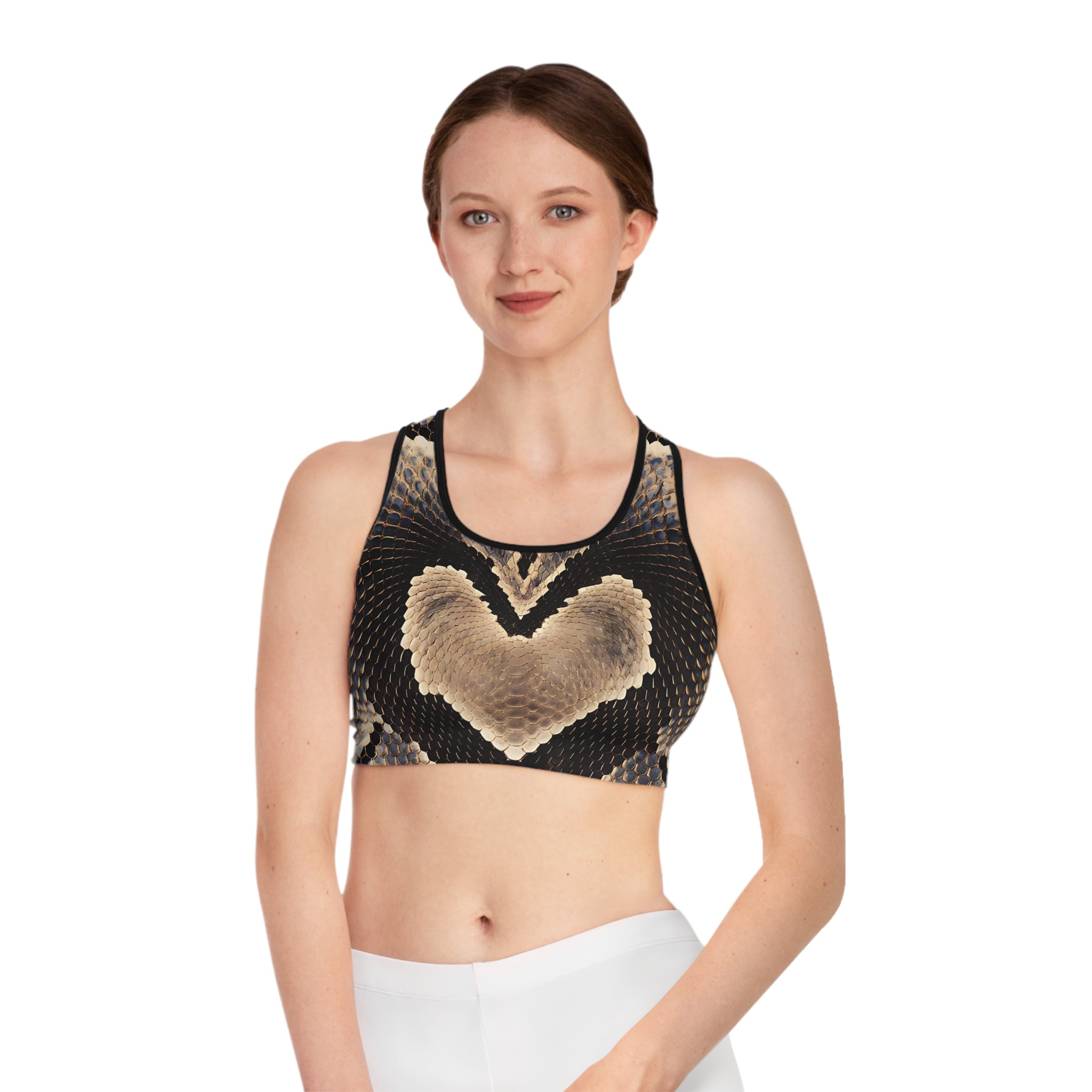 Heart Shaped Snake Print Sports Bra – Stylish Workout Gear for Fitness Enthusiasts