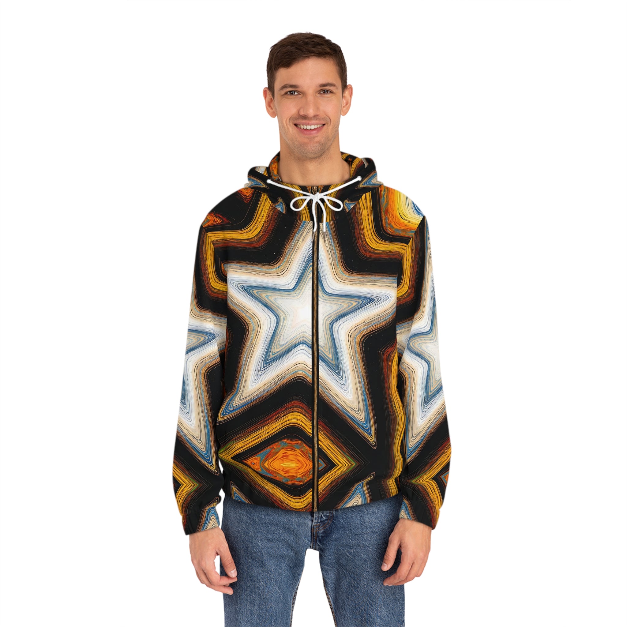 Cosmic Star Men's Full-Zip Hoodie - Vibrant Galaxy Design