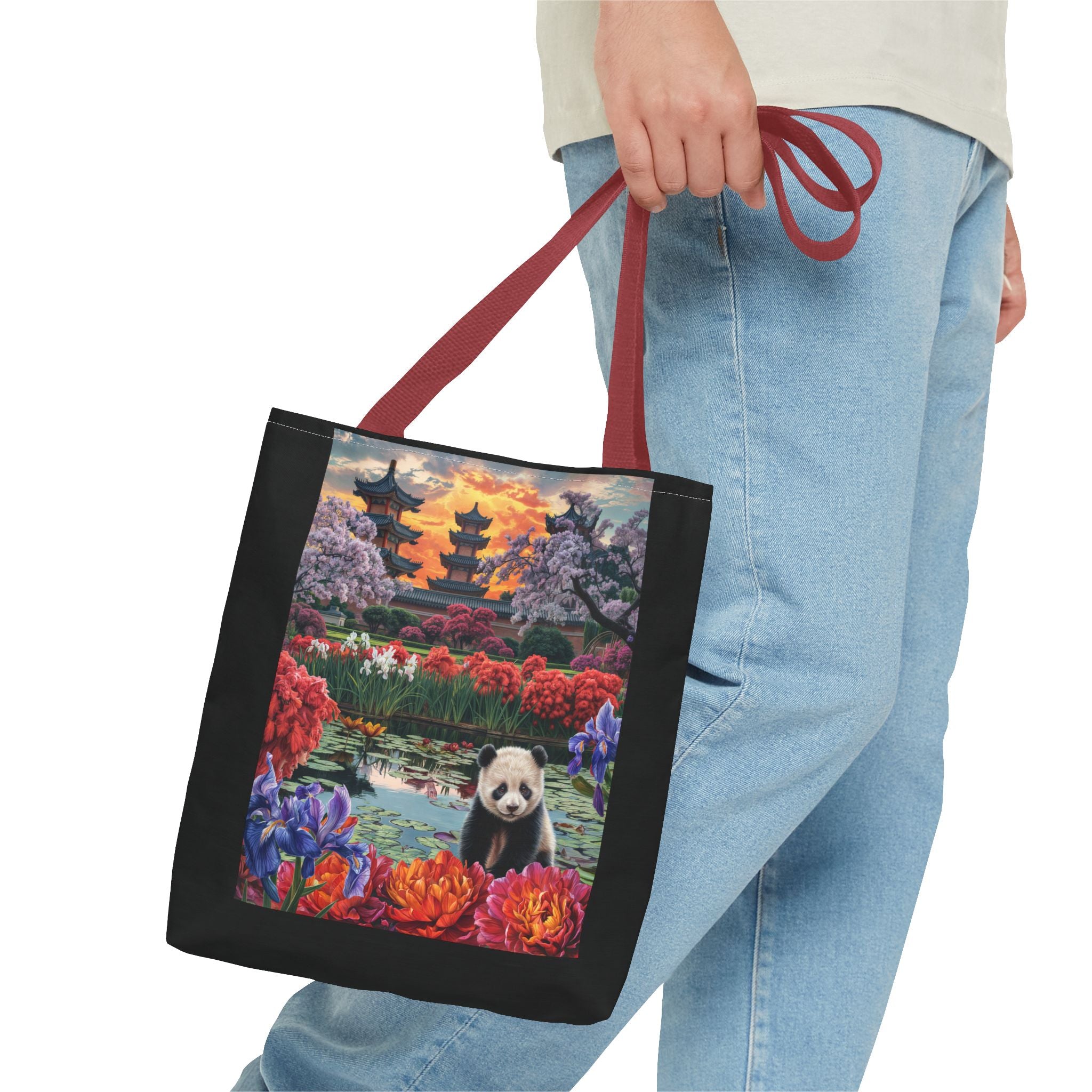 Serene Panda Tote Bag - Floral Landscape Design for Nature Lovers