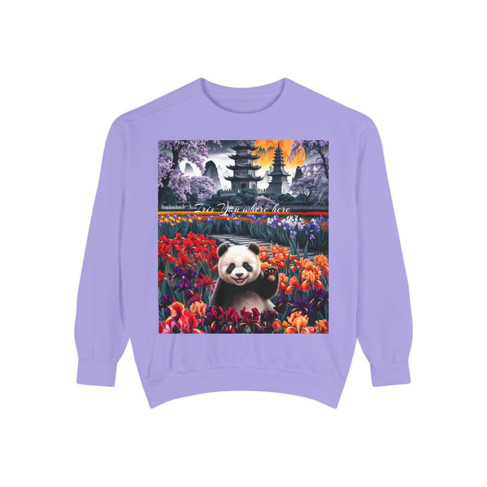 Whimsical Panda Sweatshirt - Cozy Unisex Garment-Dyed Pullover with Floral Design