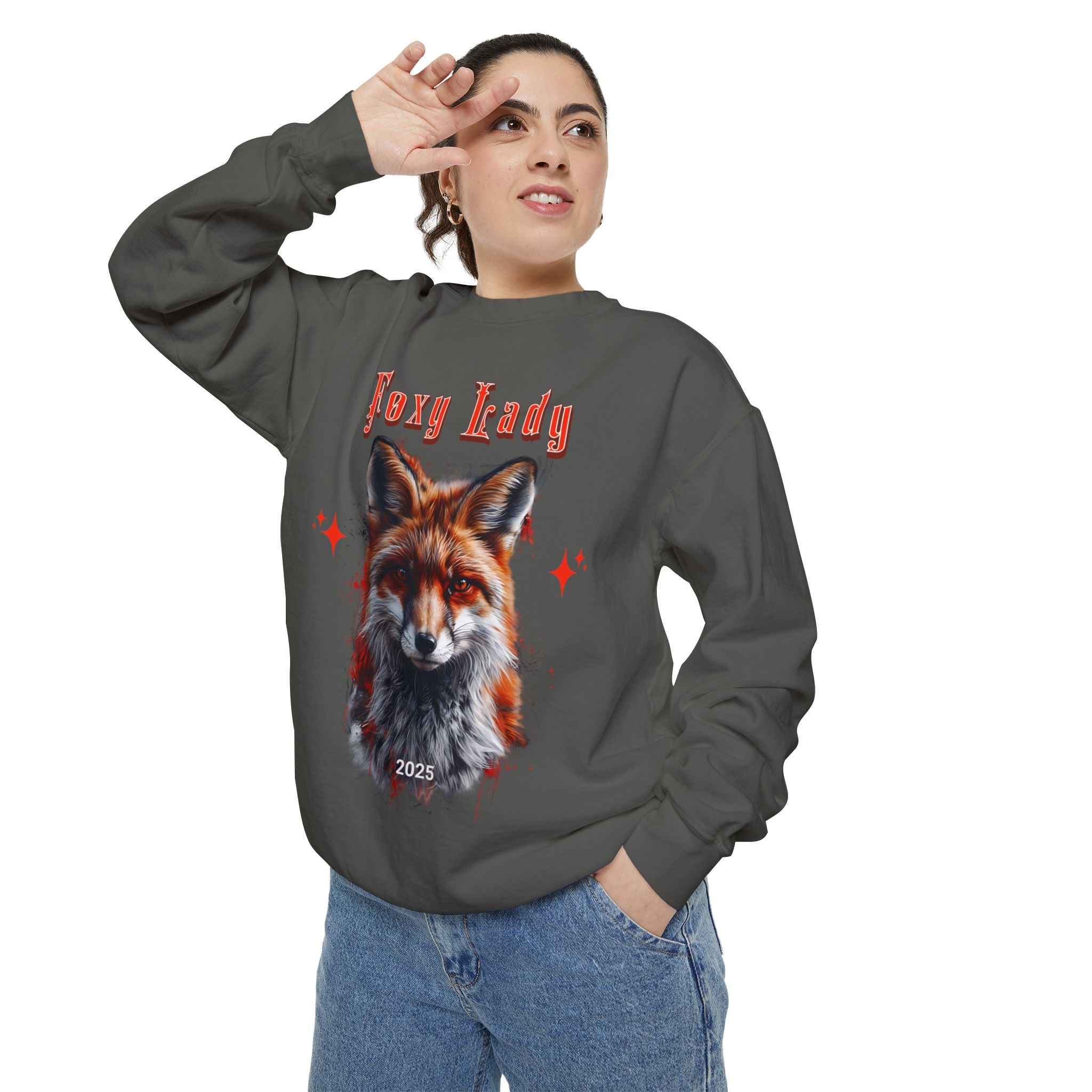 Unisex Garment - Dyed Sweatshirt: Wildlife Red Fox - with the words Foxy Lady - Angel Body