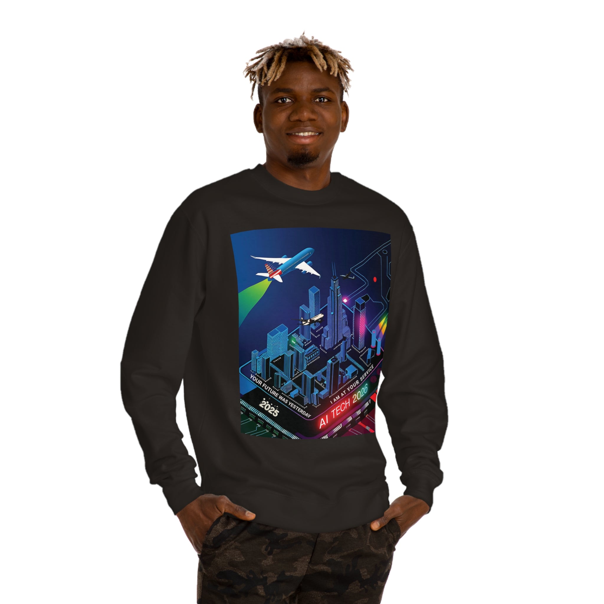 AI Tech 2026 Unisex Crew Neck Sweatshirt - Futuristic Cityscape Design for Tech Enthusiasts