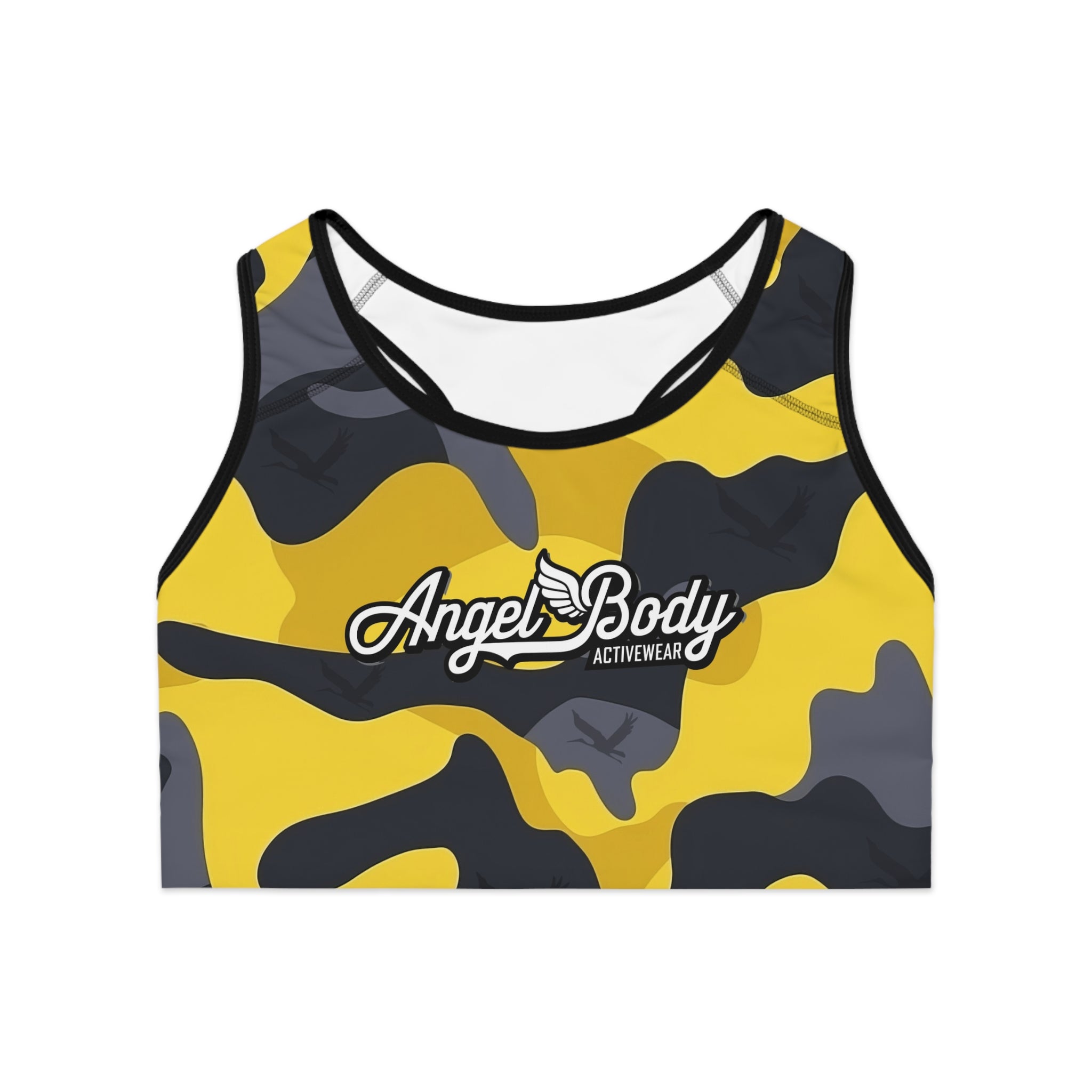 Angel Body Camo Sports Bra - Yellow and Gray Activewear for Workouts