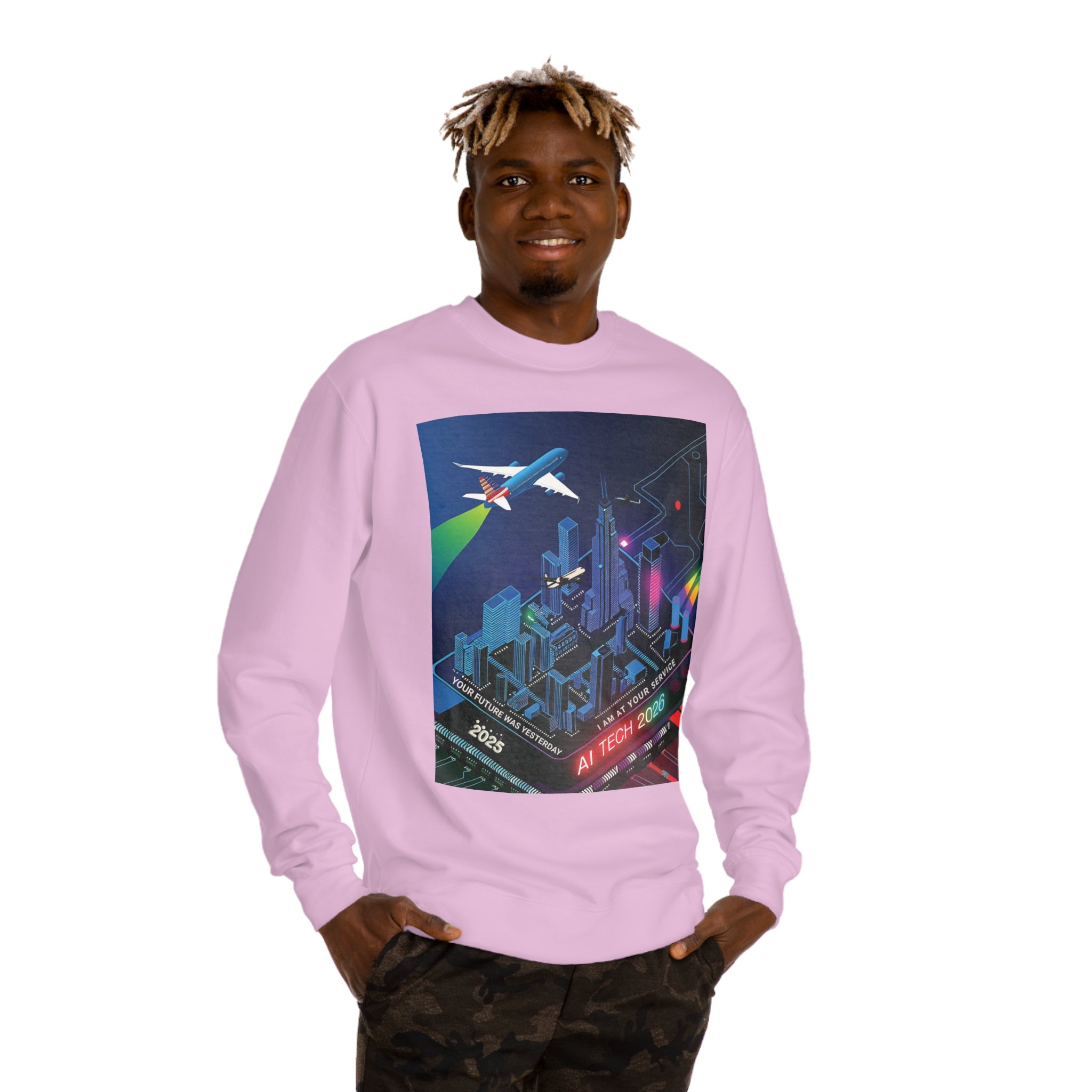 AI Tech 2026 Unisex Crew Neck Sweatshirt - Futuristic Cityscape Design for Tech Enthusiasts