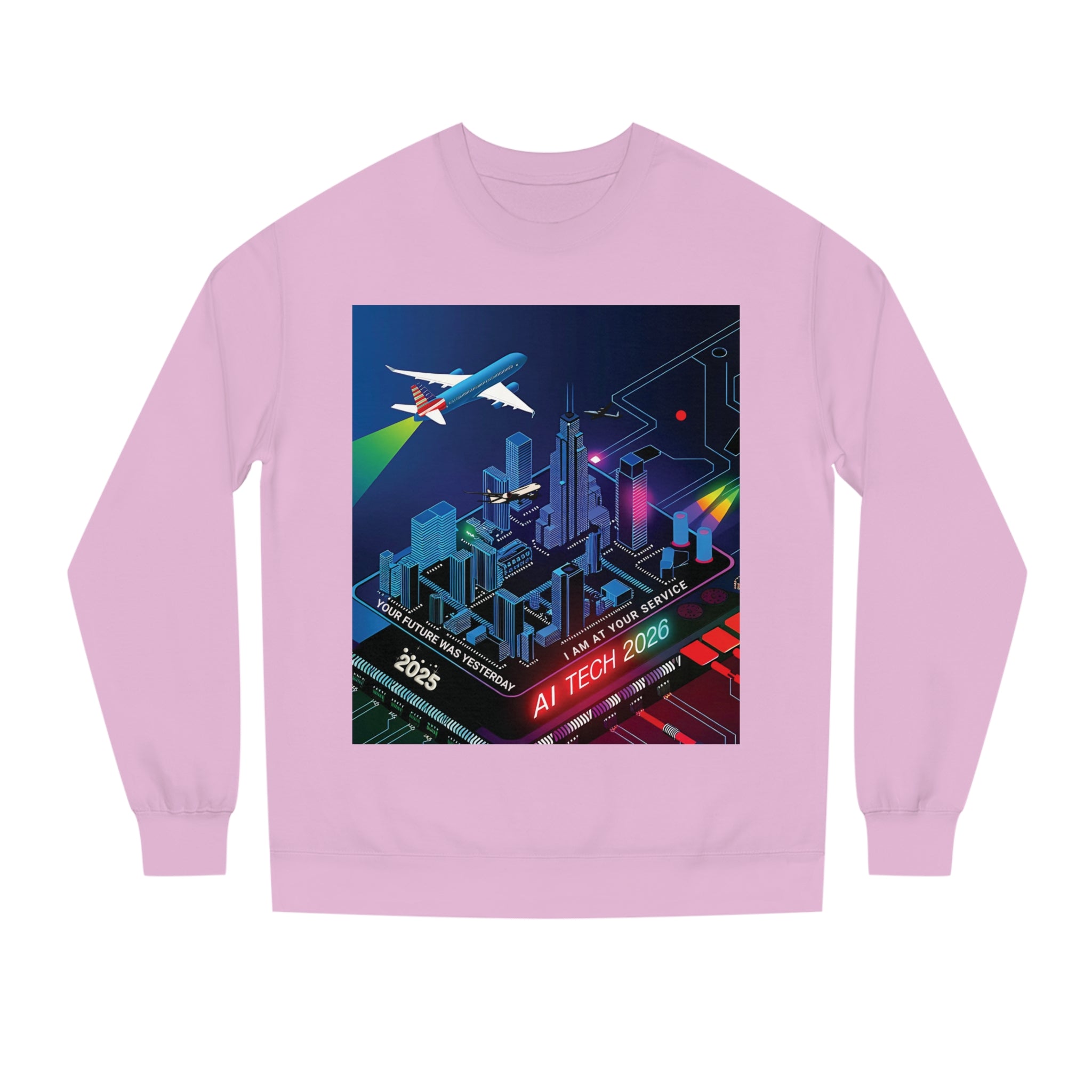 AI Tech 2026 Unisex Crew Neck Sweatshirt - Futuristic Cityscape Design for Tech Enthusiasts