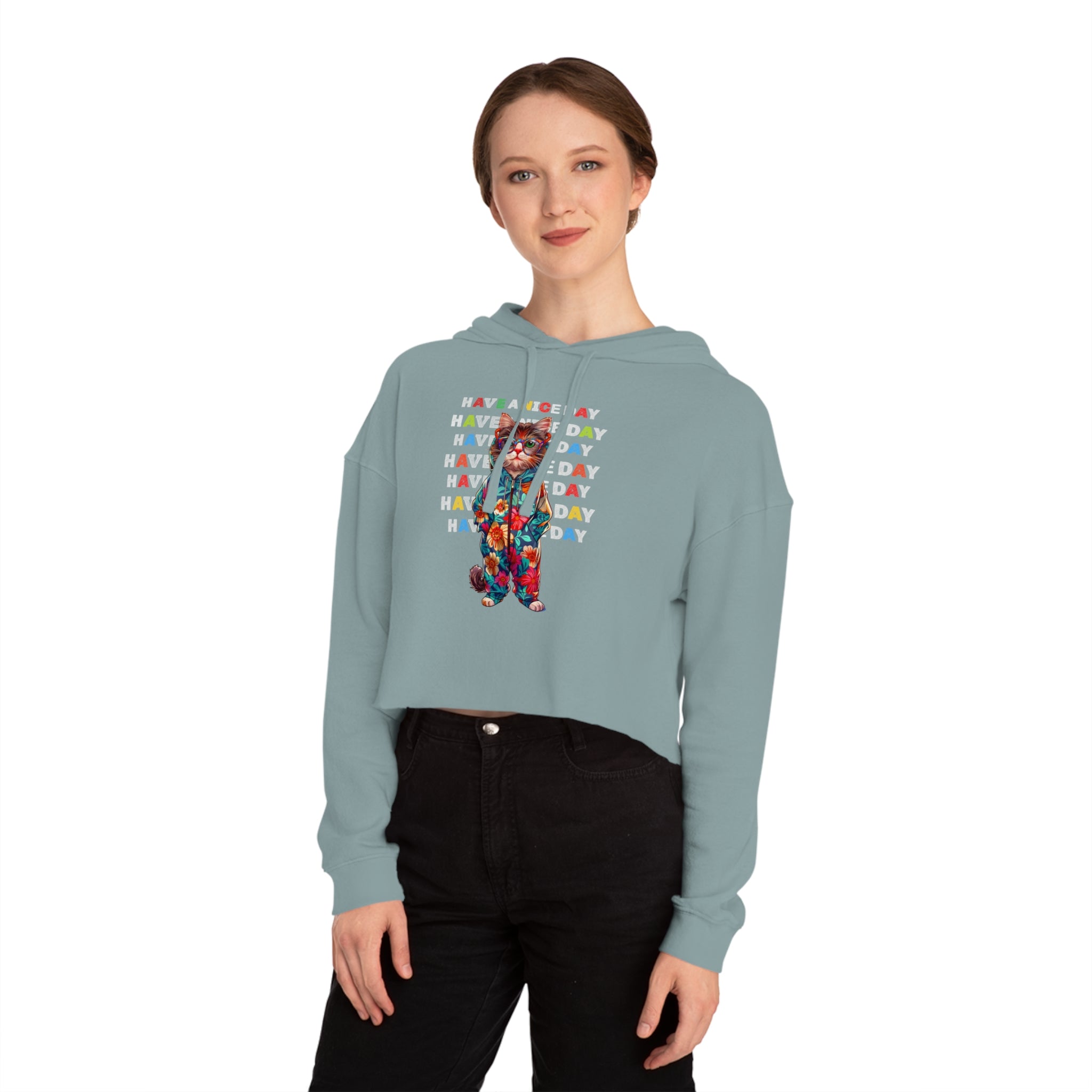 Floral Cat Women’s Cropped Hoodie - 'Have a Nice Day' Tie-Dye Sweatshirt