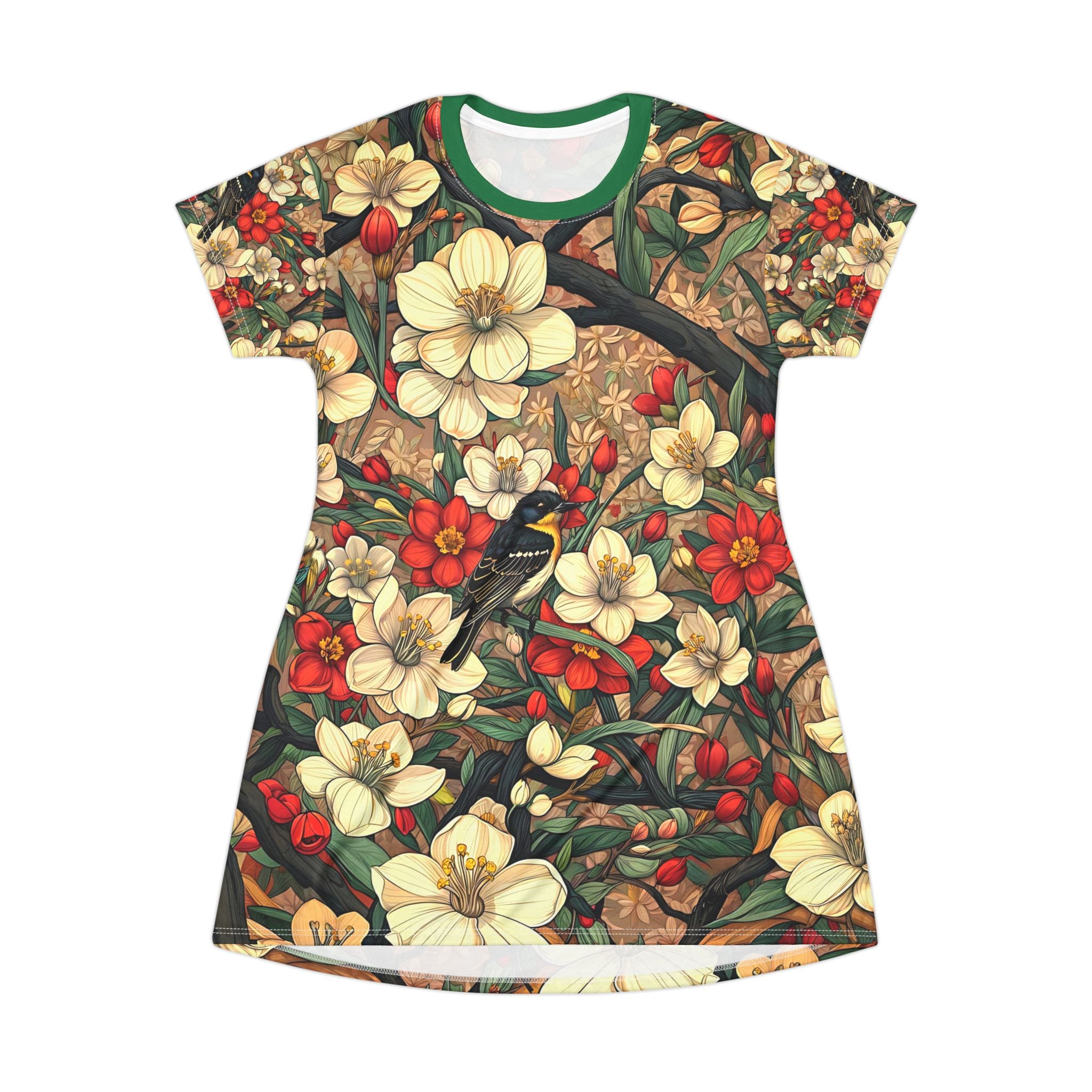 Boho Floral T-Shirt Dress with Bird Design