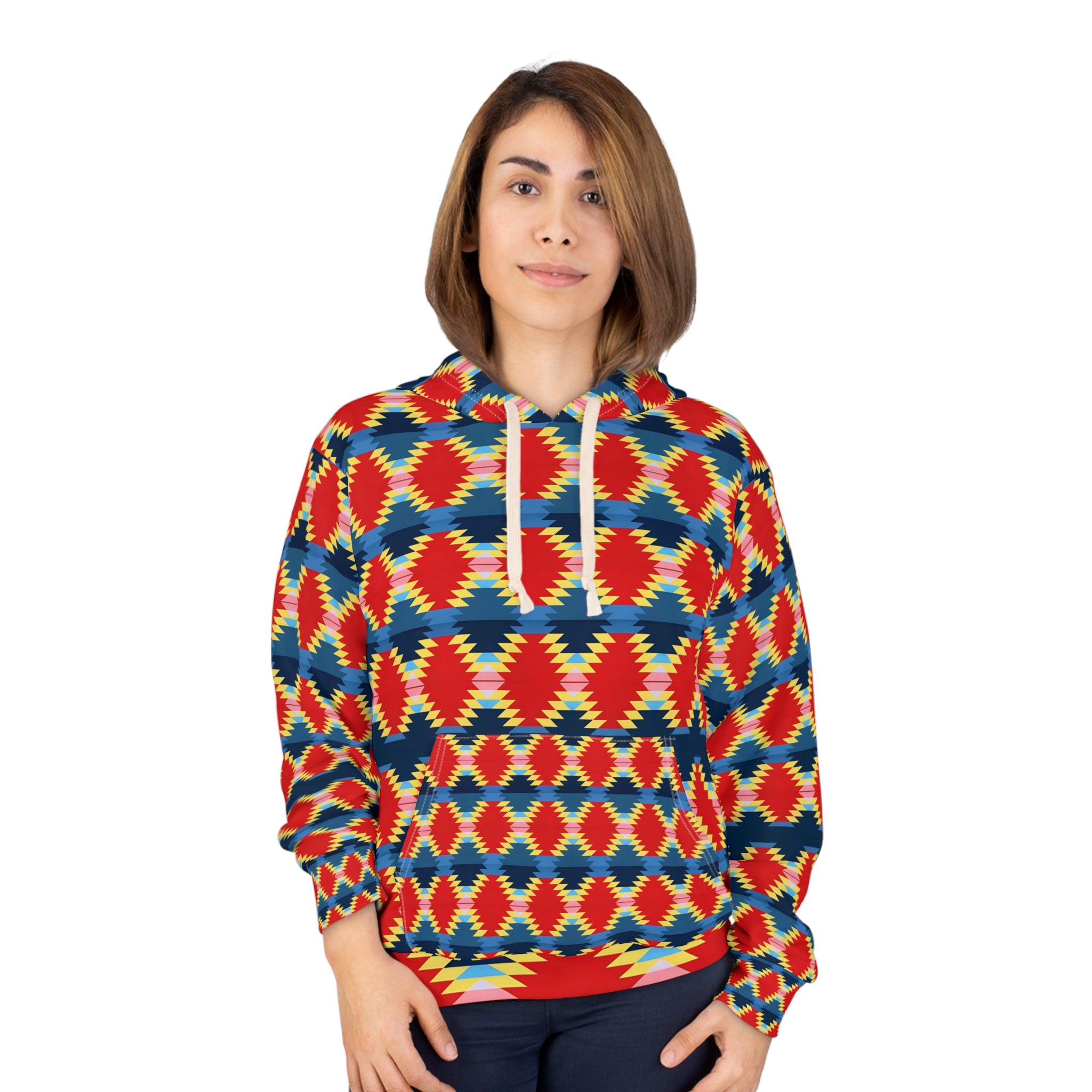 Vibrant Geometric Unisex Pullover Hoodie - Colorful Native Patterned Sweatshirt for Cozy Style