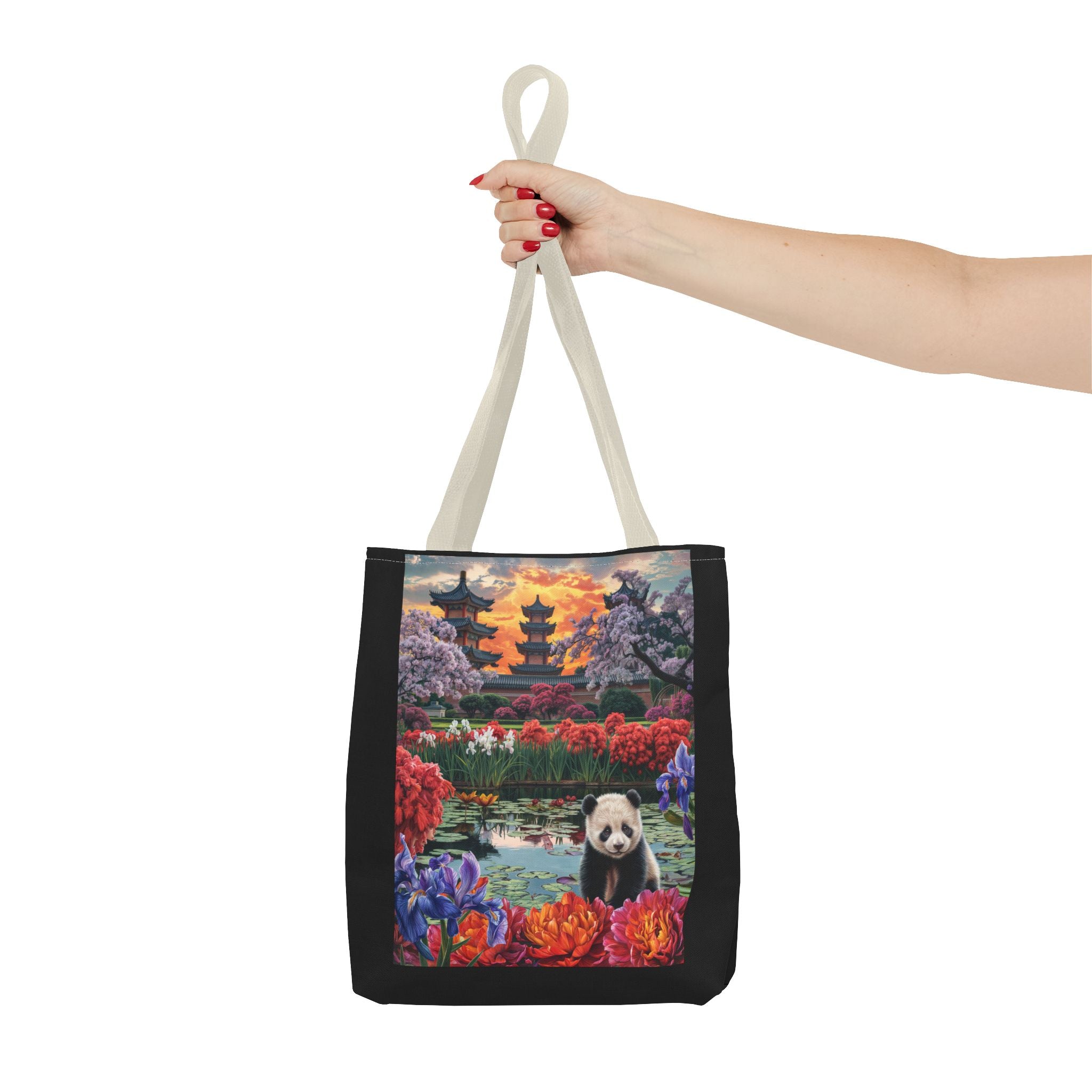 Serene Panda Tote Bag - Floral Landscape Design for Nature Lovers