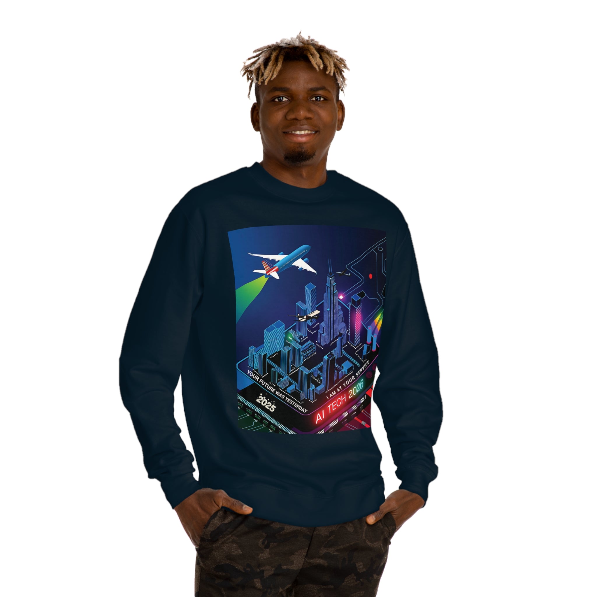 AI Tech 2026 Unisex Crew Neck Sweatshirt - Futuristic Cityscape Design for Tech Enthusiasts