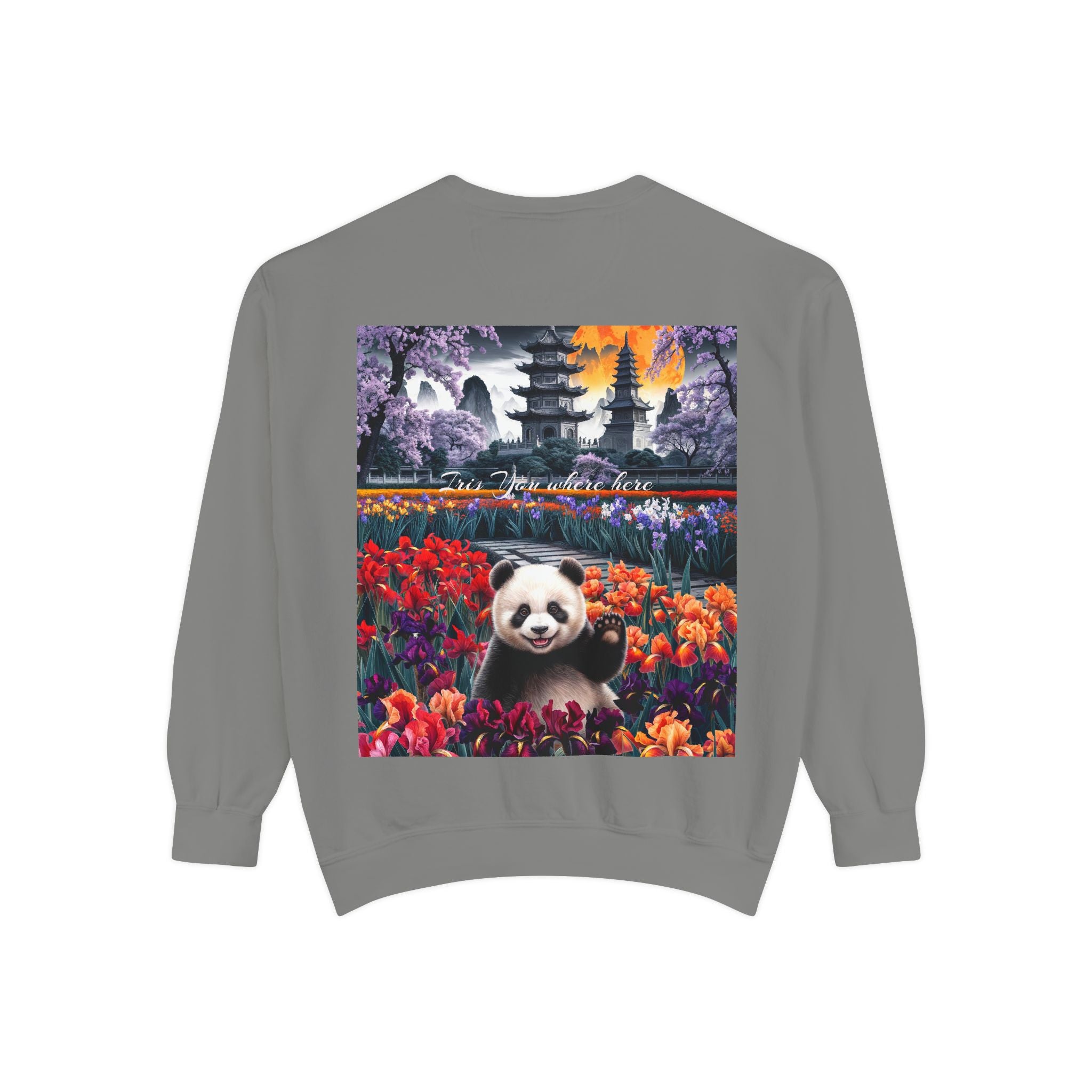 Whimsical Panda Sweatshirt - Cozy Unisex Garment-Dyed Pullover with Floral Design