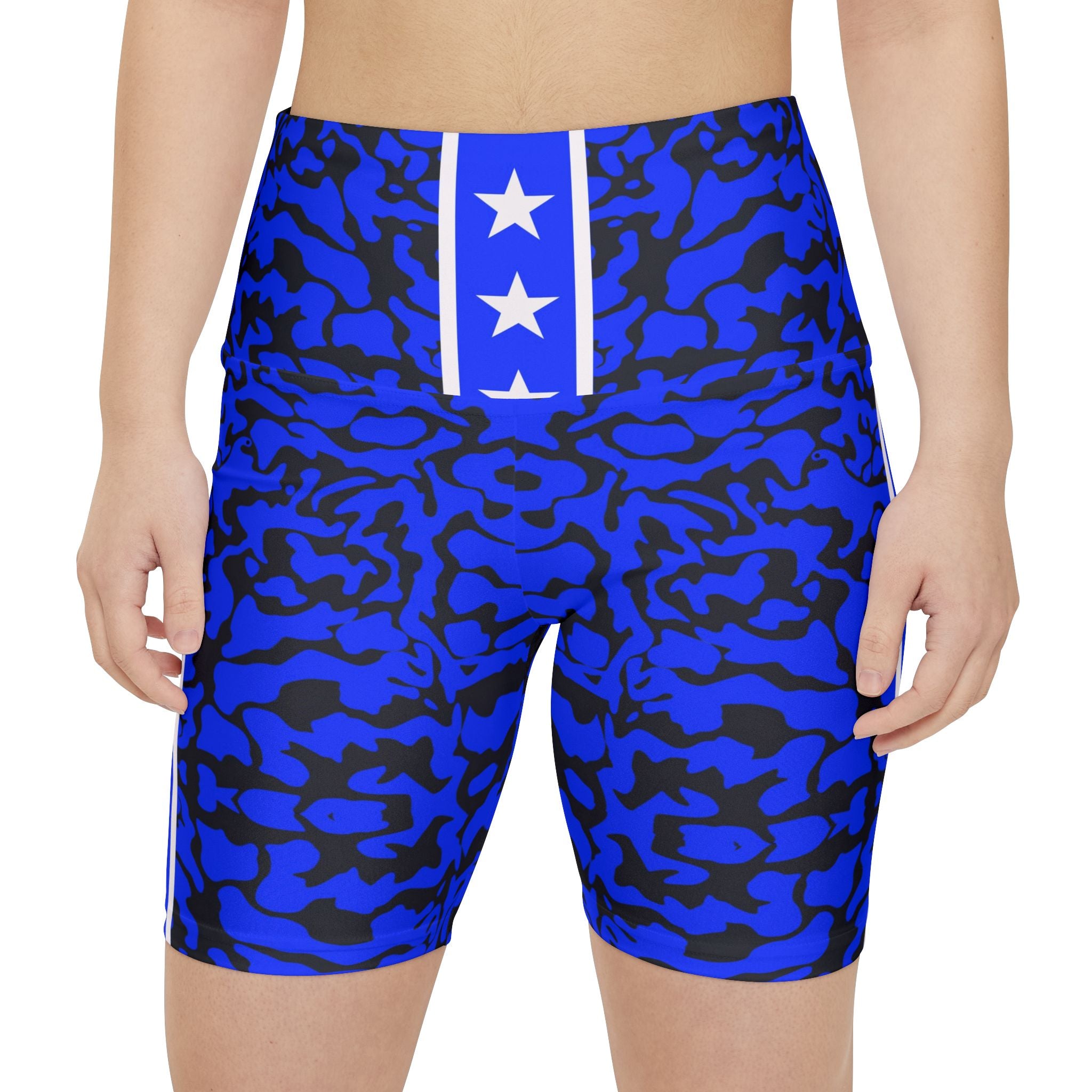 Stylish Blue Camo Workout Shorts for Women - Perfect for Fitness Enthusiasts