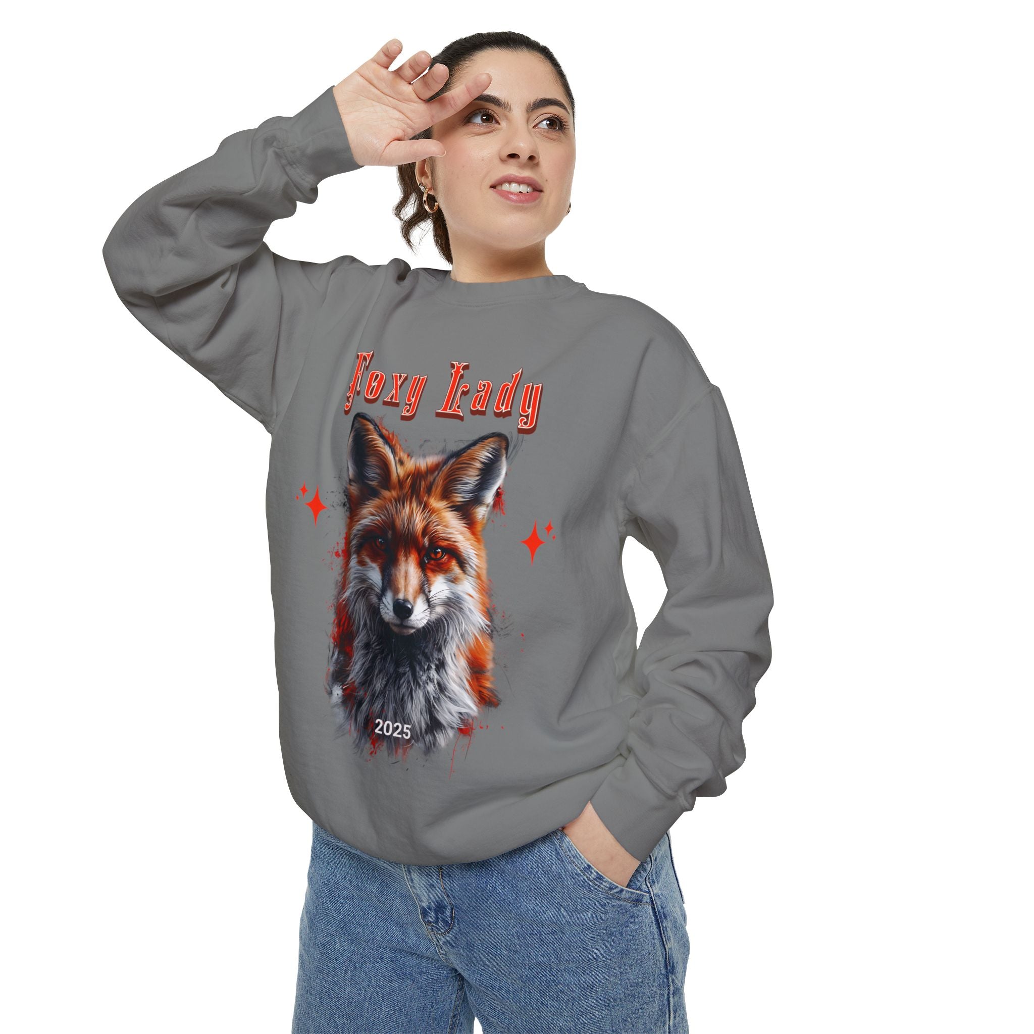 Unisex Garment - Dyed Sweatshirt: Wildlife Red Fox - with the words Foxy Lady - Angel Body