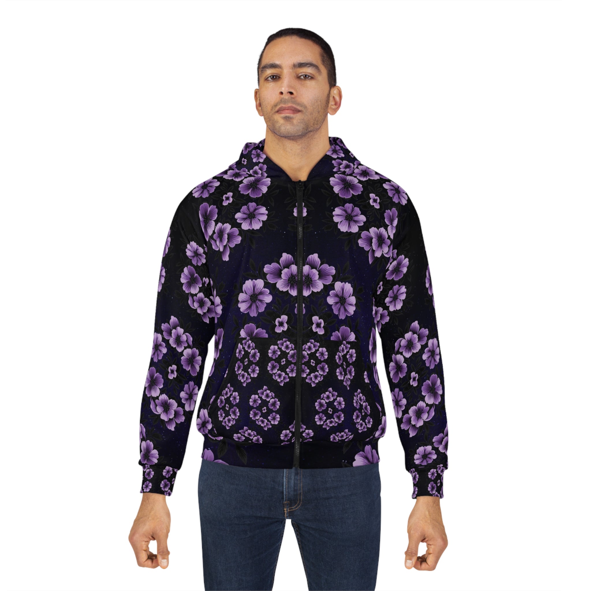 Floral Purple Passion Night Bloom Unisex Zip Hoodie - Cozy & Stylish