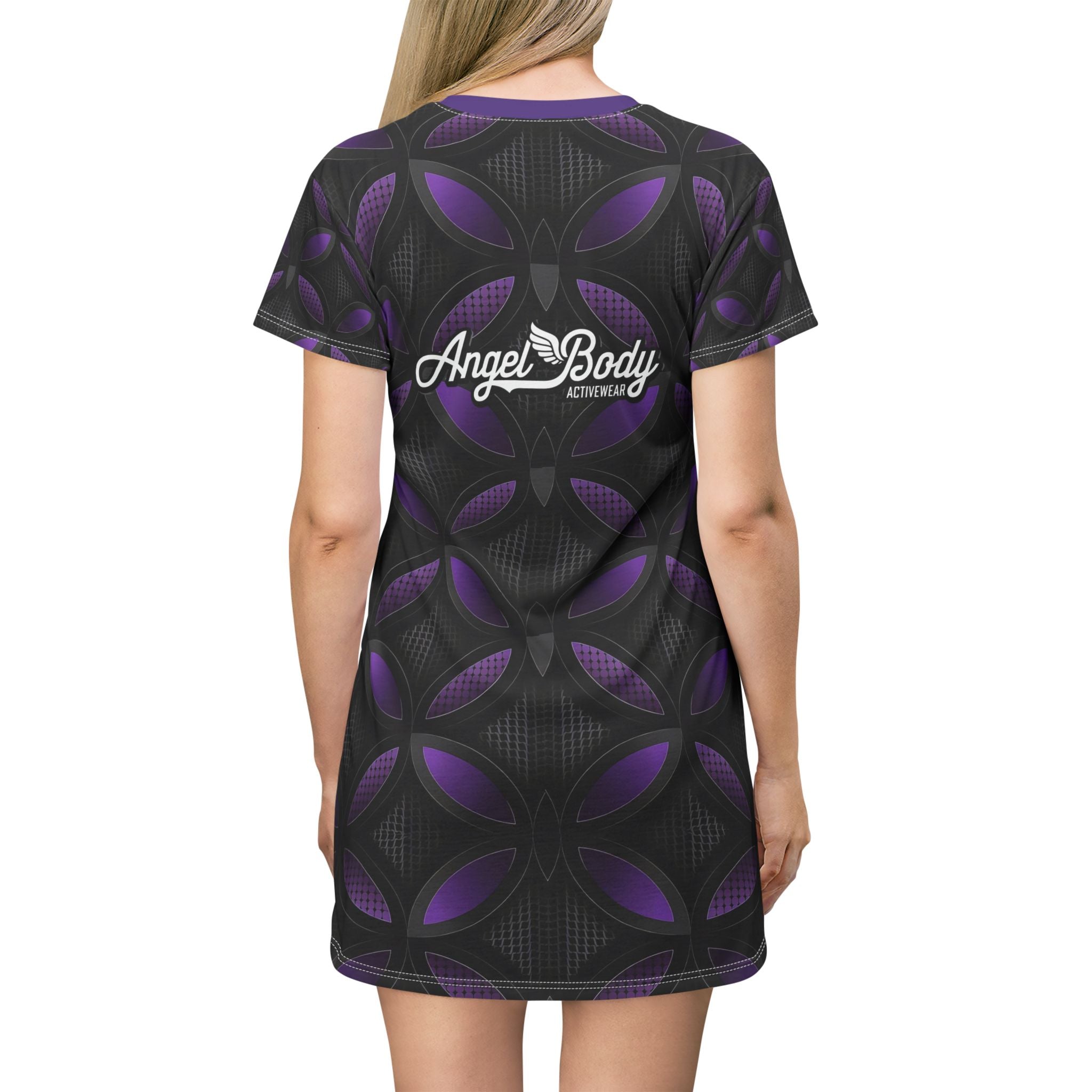 Stylish Angel Body Activewear T-Shirt Dress - Trendy Black and Purple Pattern