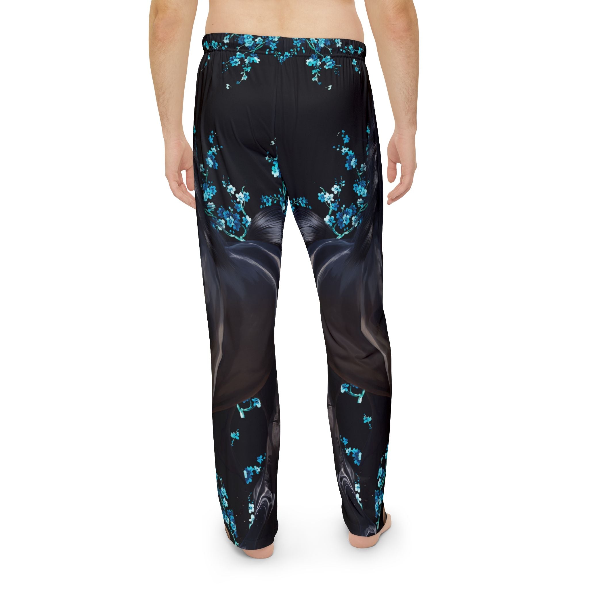 Men's Pajama Pants with Elegant Black Lipizzaner Stallion and Floral Design