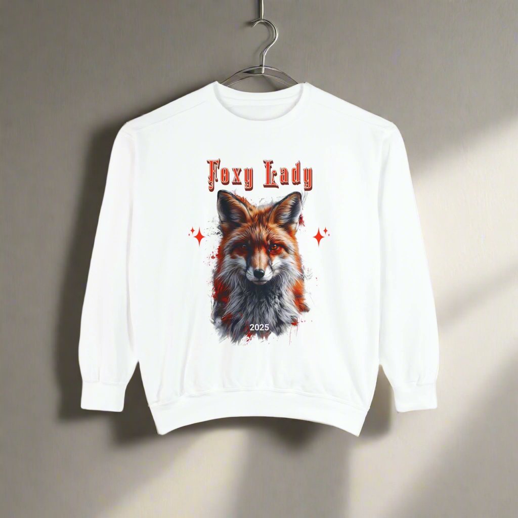 Unisex Garment - Dyed Sweatshirt: Wildlife Red Fox - with the words Foxy Lady - Angel Body