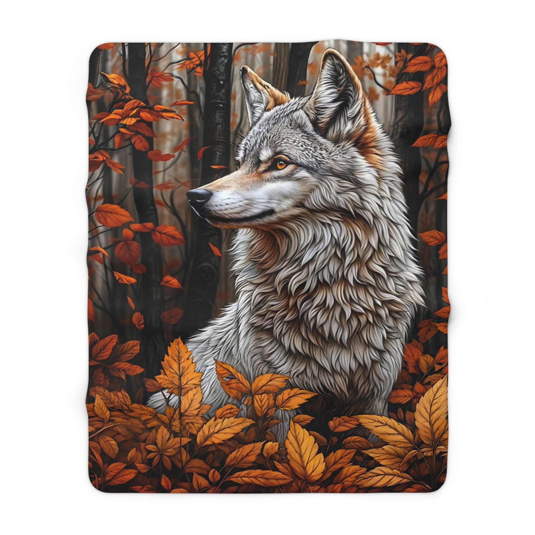 Cozy Wilderness Sherpa Fleece Blanket - Autumn Leaves & Wolf Design