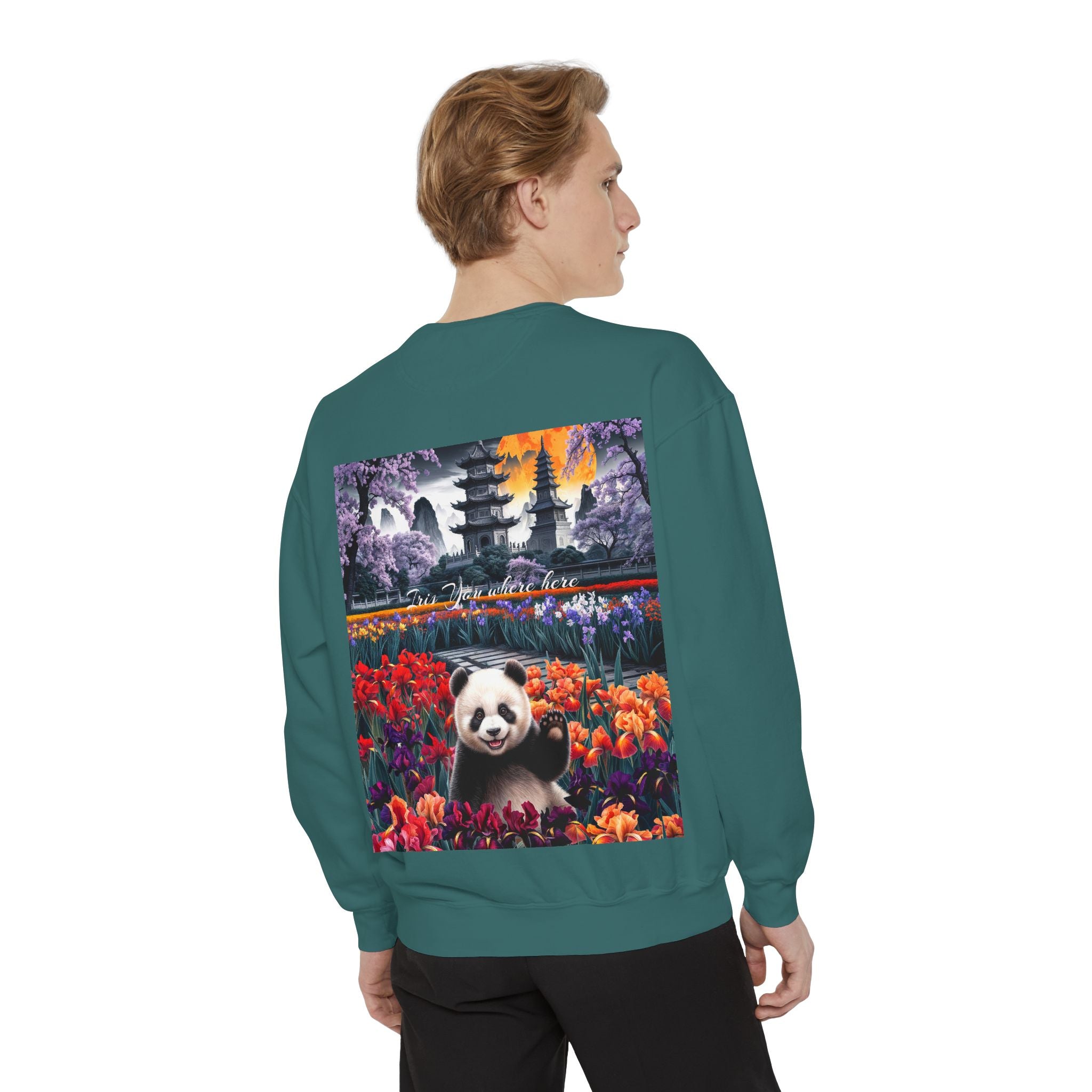 Whimsical Panda Sweatshirt - Cozy Unisex Garment-Dyed Pullover with Floral Design