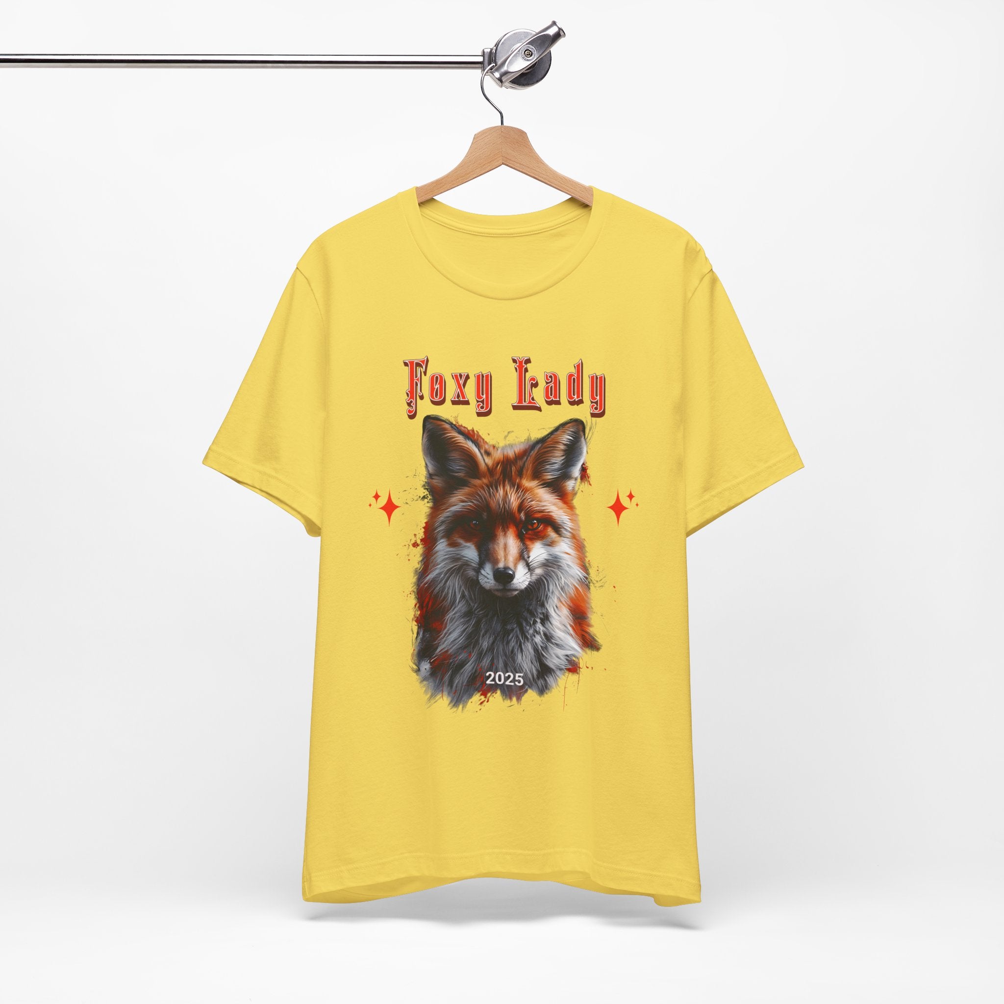 Unisex Jersey Short Sleeve Tee: A beautiful Red Fox with the words foxy lady