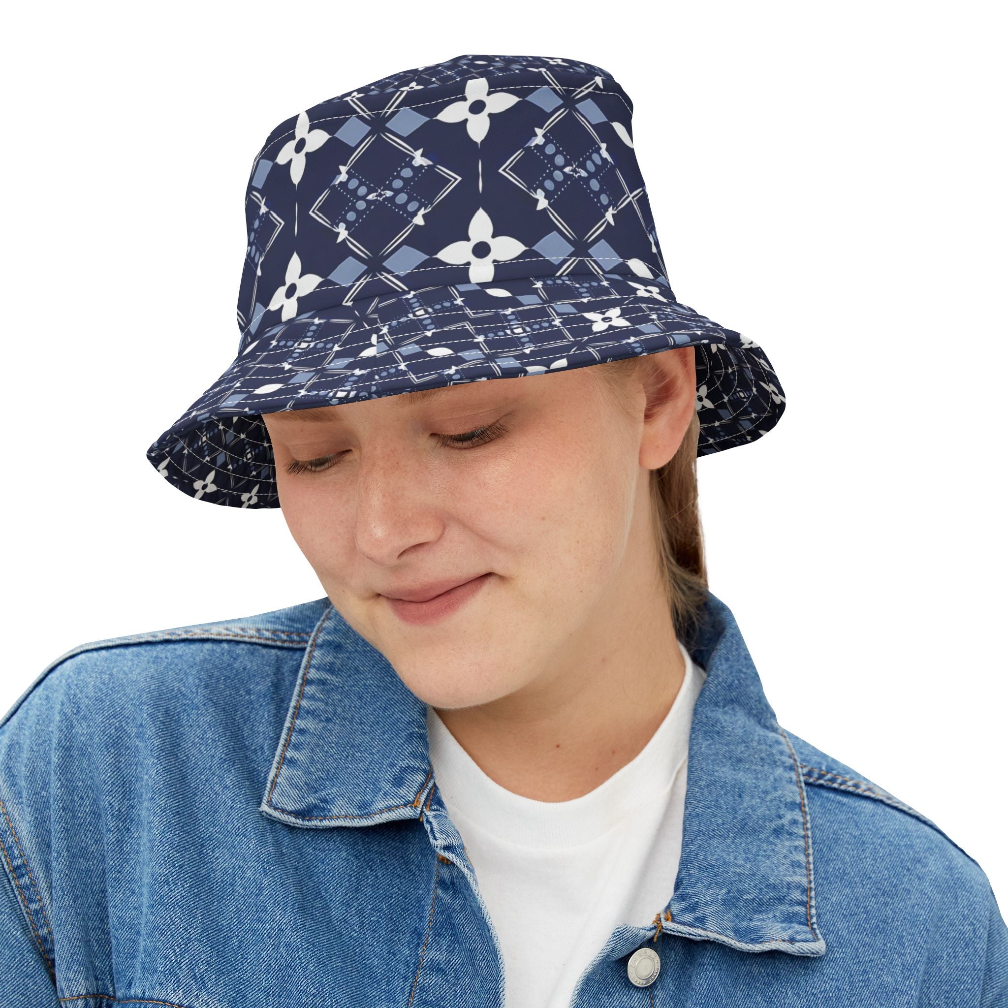 Navy Floral Patterned Bucket Hat, Stylish Summer Accessory, Festival Wear, Gift for Friends, Beach Outing - Angel Body