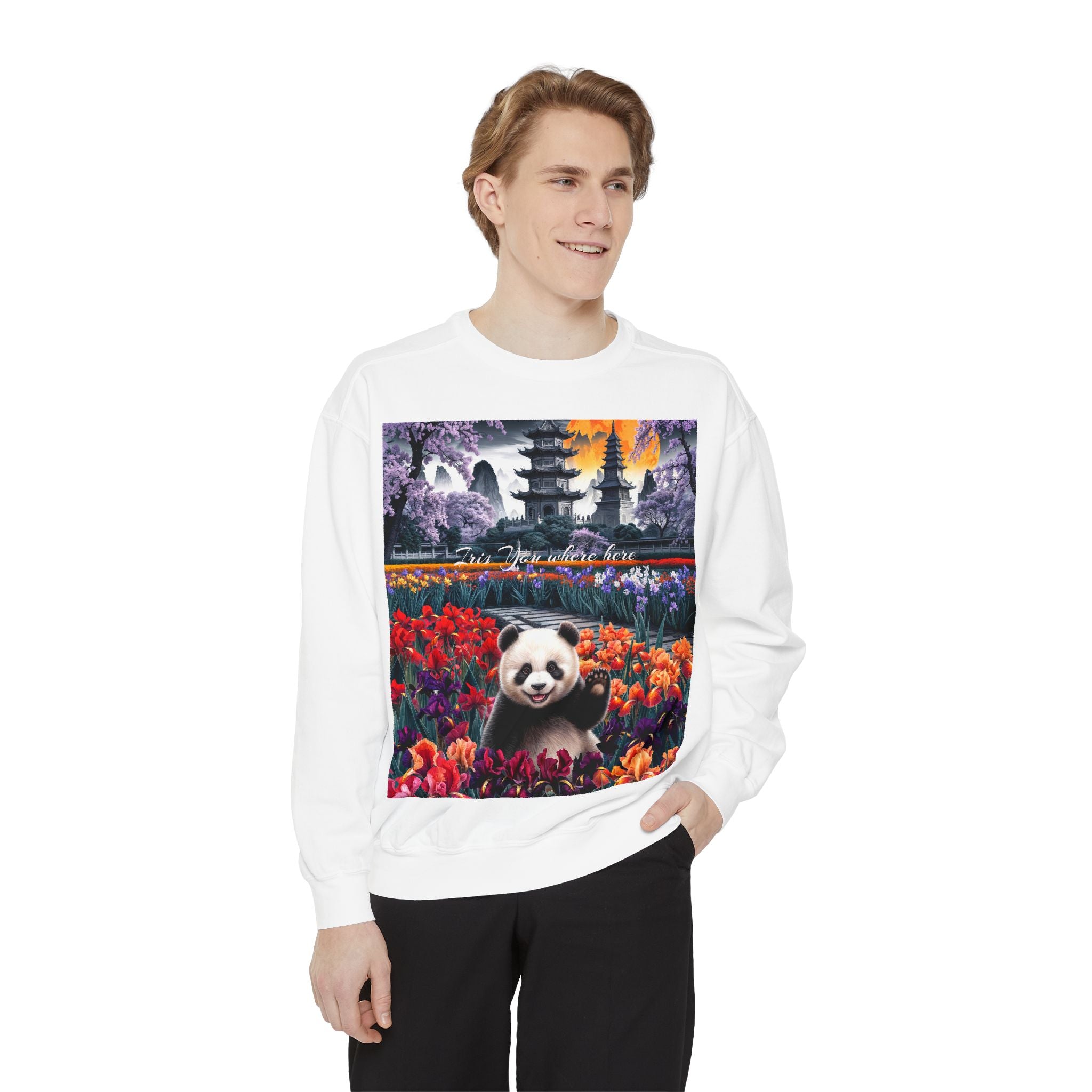 Whimsical Panda Sweatshirt - Cozy Unisex Garment-Dyed Pullover with Floral Design