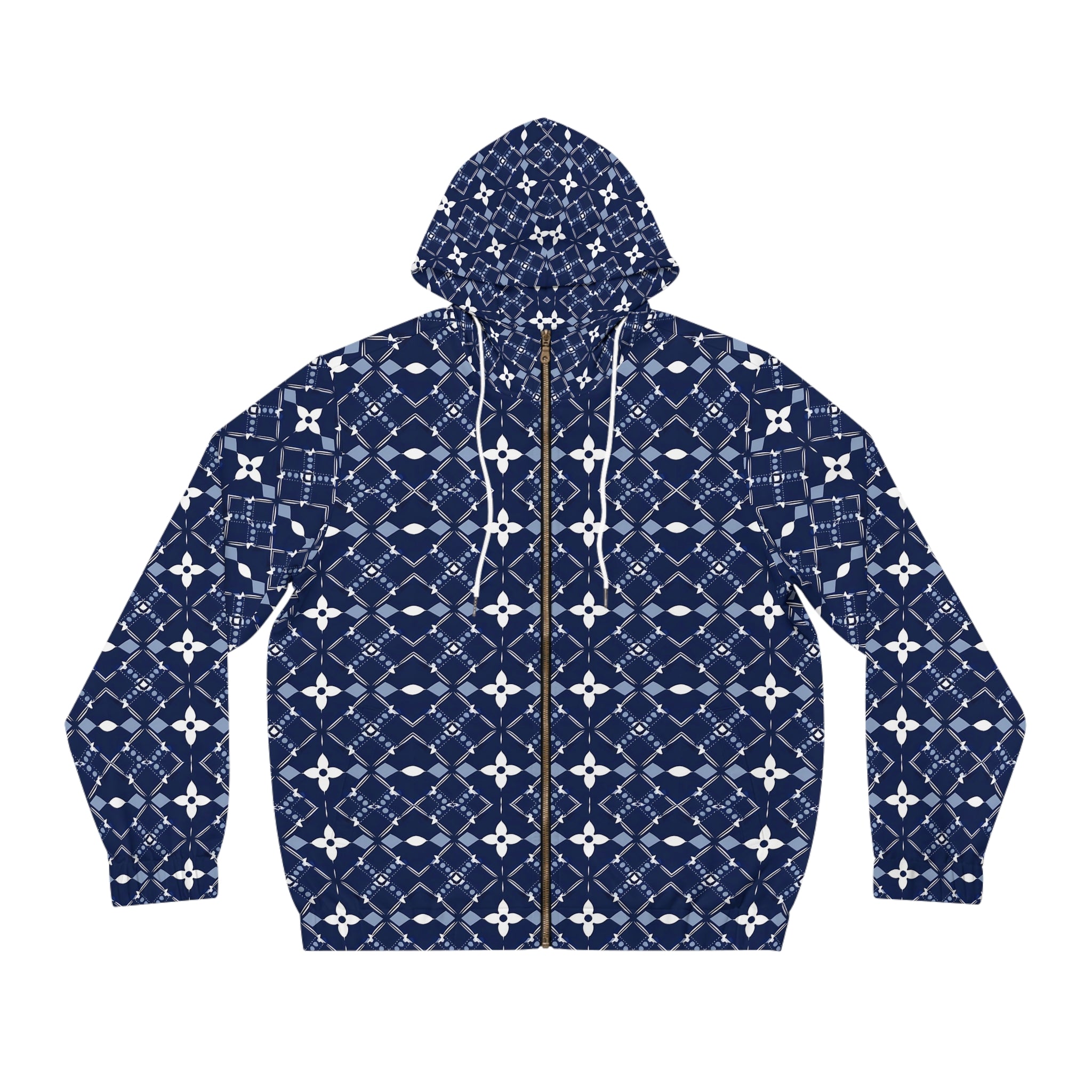 Navy Blue Geometric Pattern Full-Zip Hoodie - Comfortable & Stylish for Men