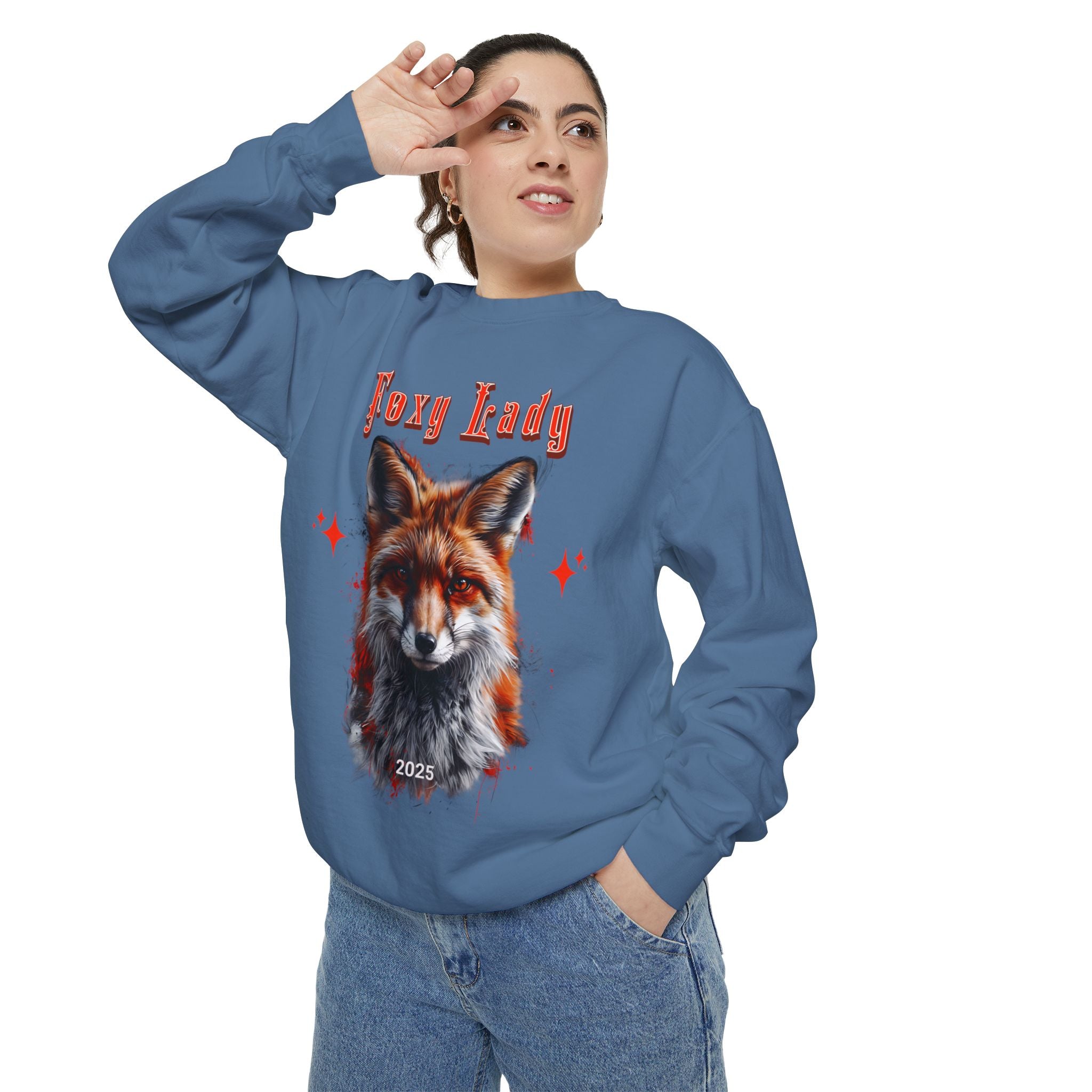 Unisex Garment - Dyed Sweatshirt: Wildlife Red Fox - with the words Foxy Lady - Angel Body