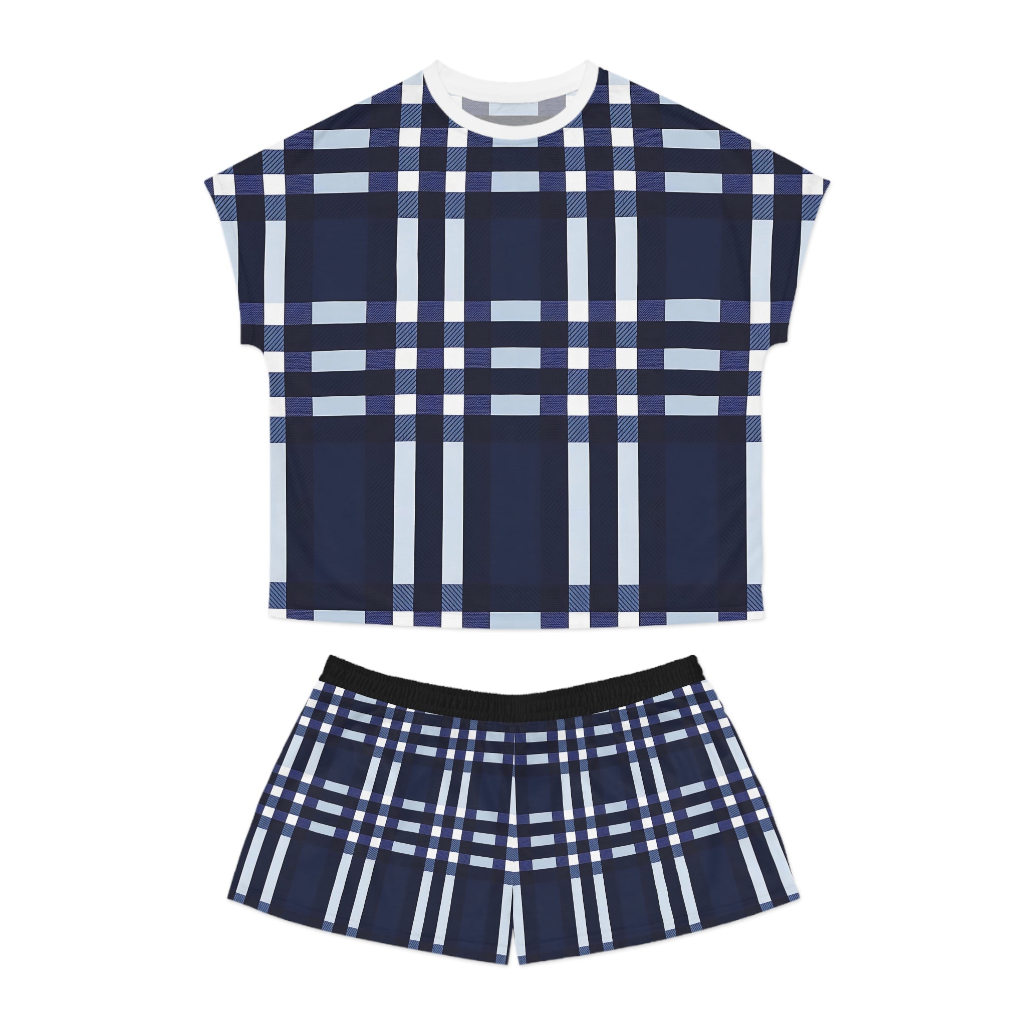 Cozy Women's Short Pajama Set - Navy Blue Plaid for Relaxing Nights