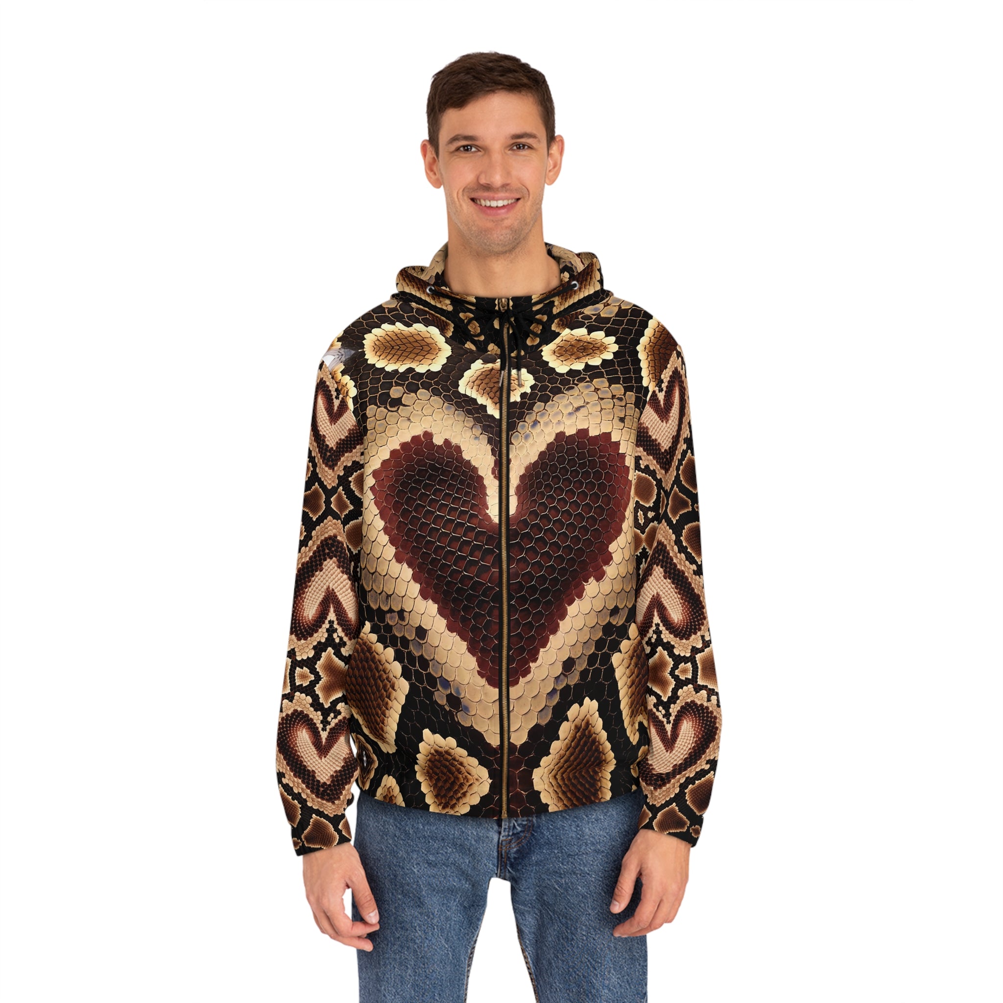 Men's Heart Pattern Full-Zip Hoodie - Stylish Python Print for Fashion Lovers